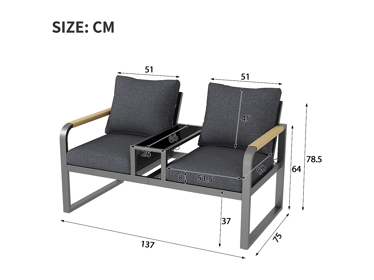 Banc de Jardin 2 Places avec Tablette en Verre Intégrée - Canapé d'Extérieur en Fer Galvanisé - Accoudoirs Tressés Anti-Chaleur - Gris