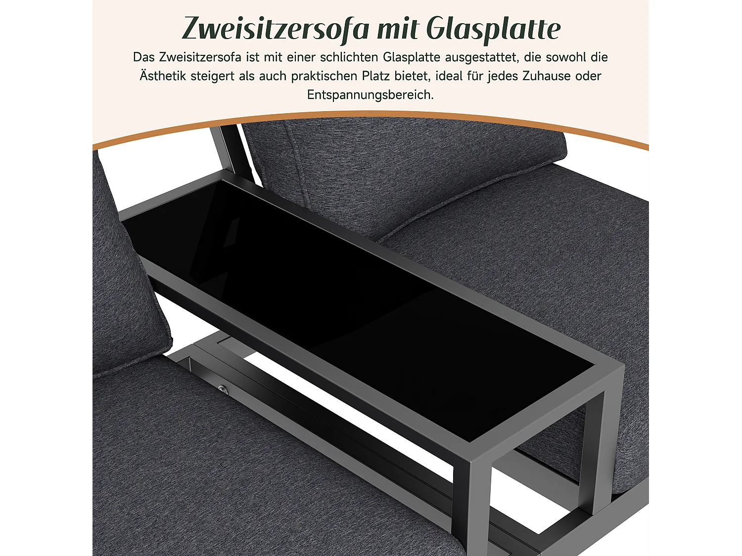 Banc de Jardin 2 Places avec Tablette en Verre Intégrée - Canapé d'Extérieur en Fer Galvanisé - Accoudoirs Tressés Anti-Chaleur - Gris