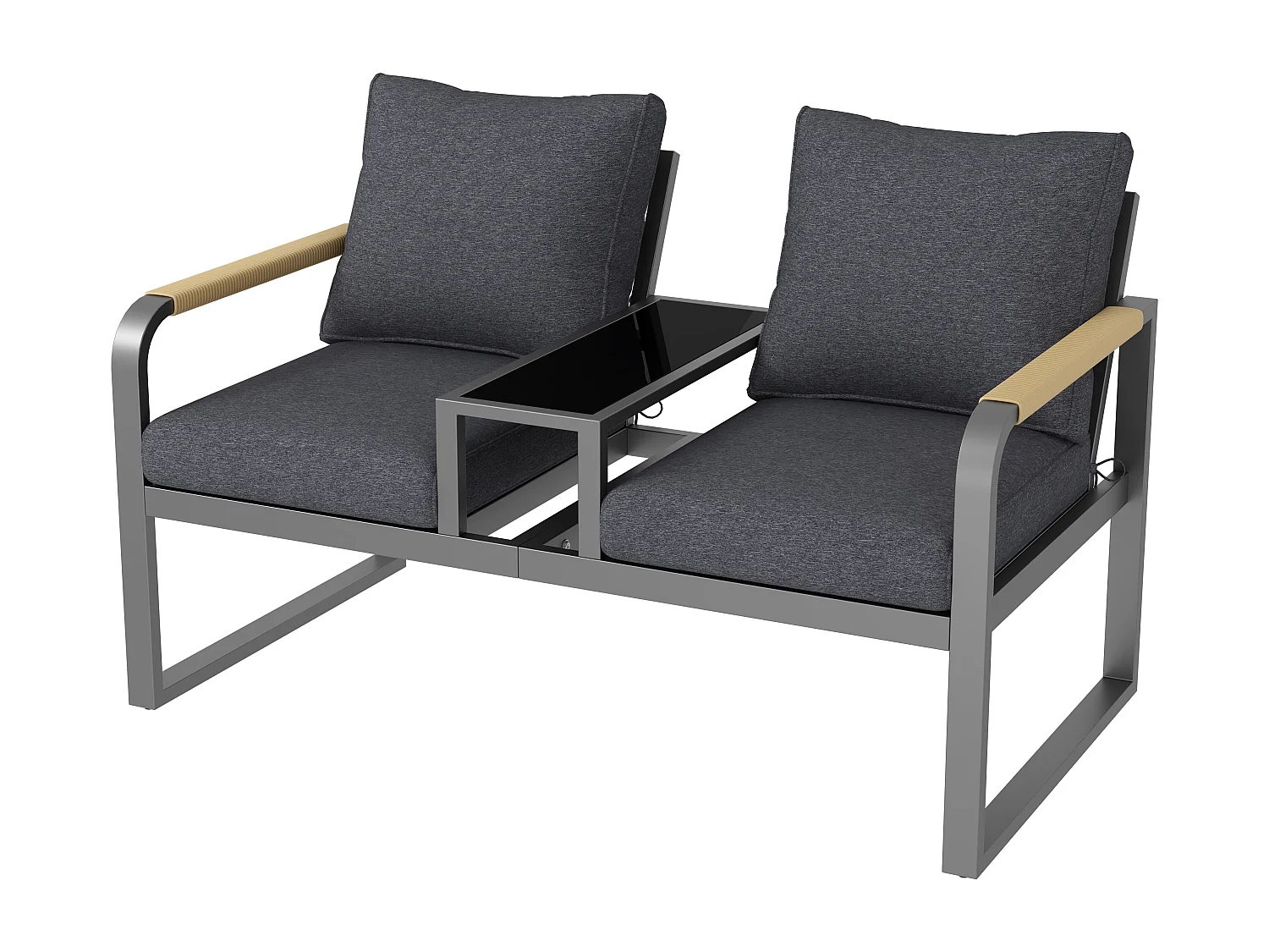 Banc de Jardin 2 Places avec Tablette en Verre Intégrée - Canapé d'Extérieur en Fer Galvanisé - Accoudoirs Tressés Anti-Chaleur - Gris