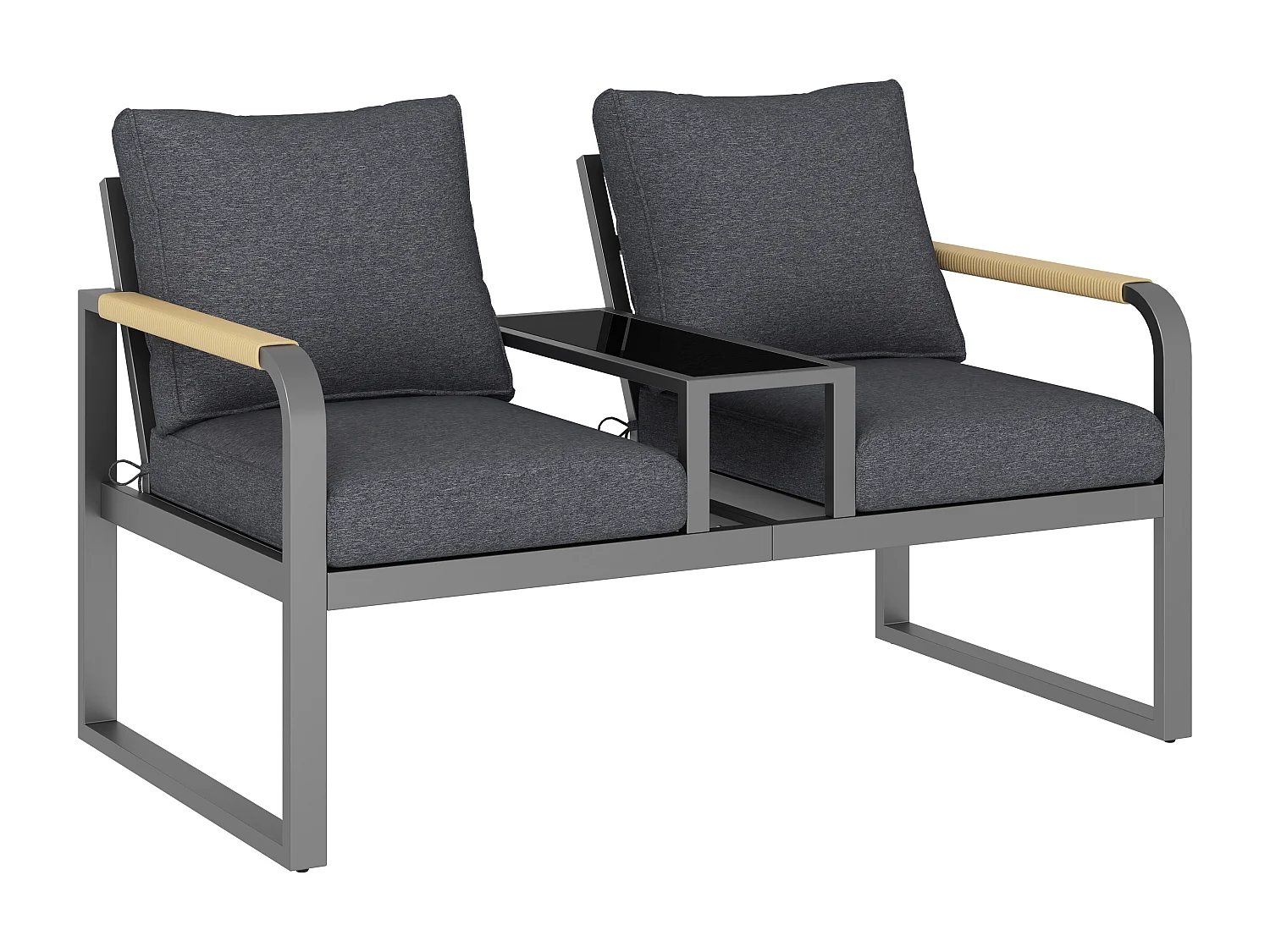 Banc de Jardin 2 Places avec Tablette en Verre Intégrée - Canapé d'Extérieur en Fer Galvanisé - Accoudoirs Tressés Anti-Chaleur - Gris