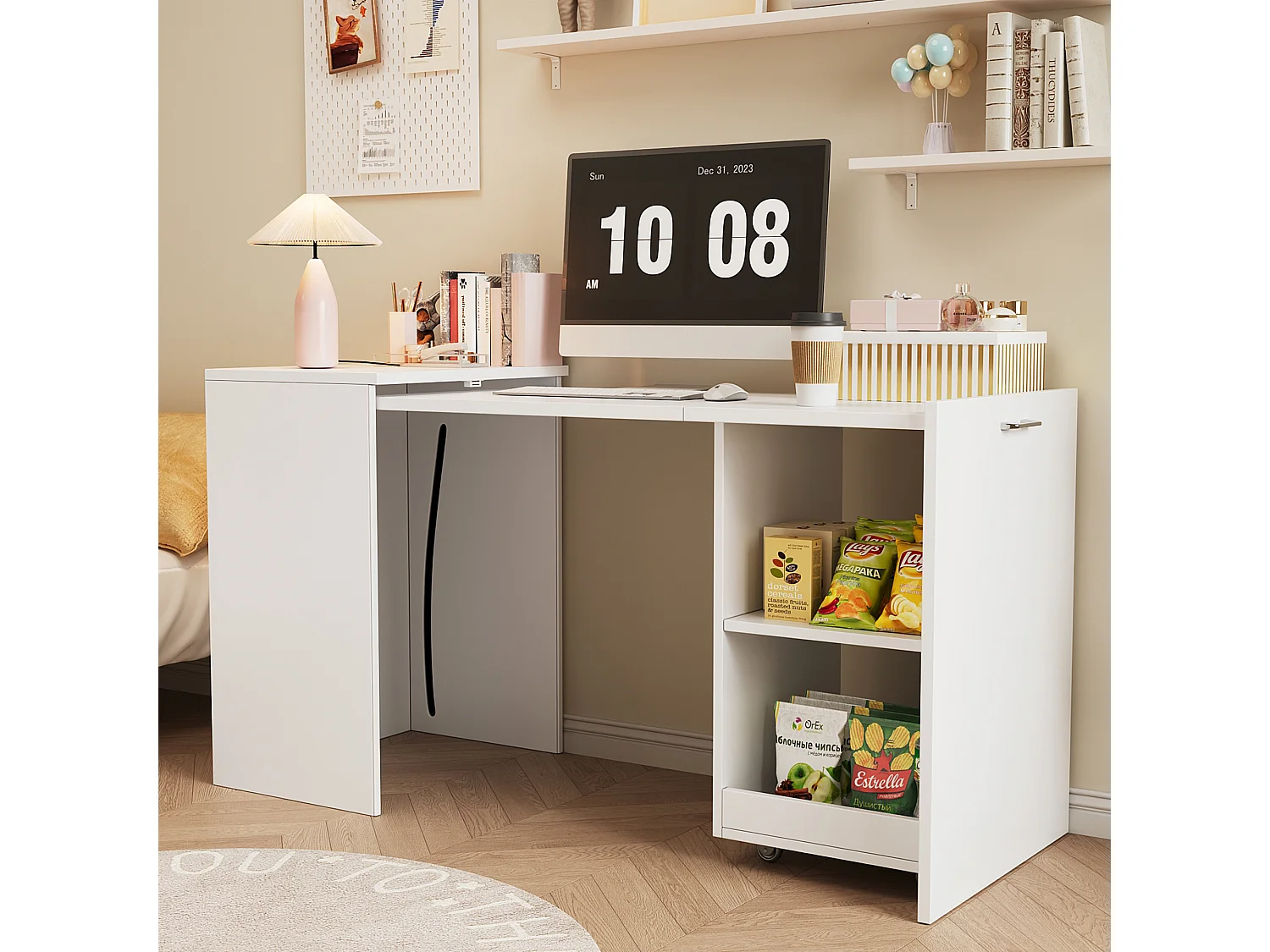 Bureau pliant mobile 126x55x72.5 cm - Bureau et rangement - 2 compartiments de rangement - Panneaux de particules - Blanc