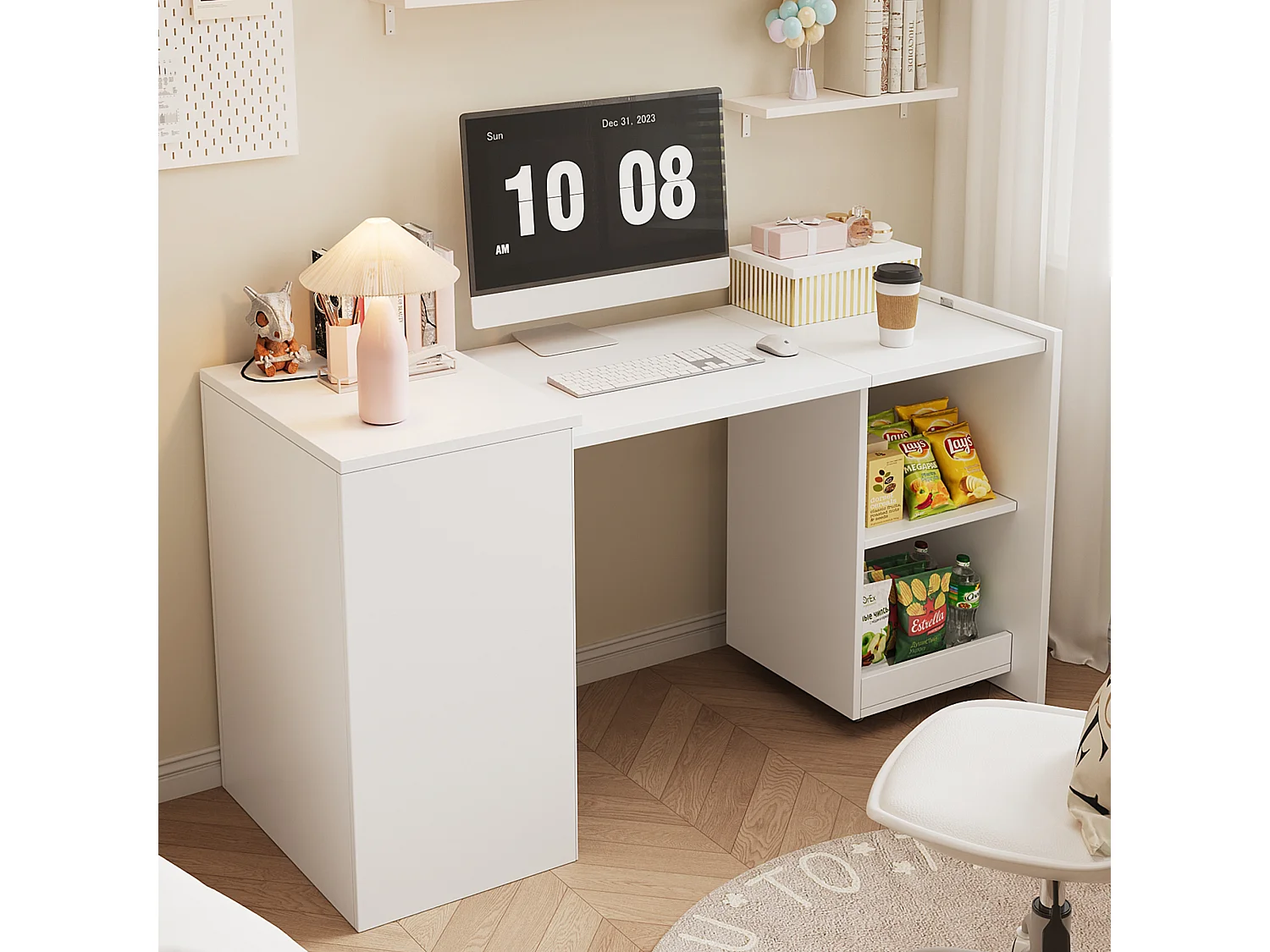 Bureau pliant mobile 126x55x72.5 cm - Bureau et rangement - 2 compartiments de rangement - Panneaux de particules - Blanc