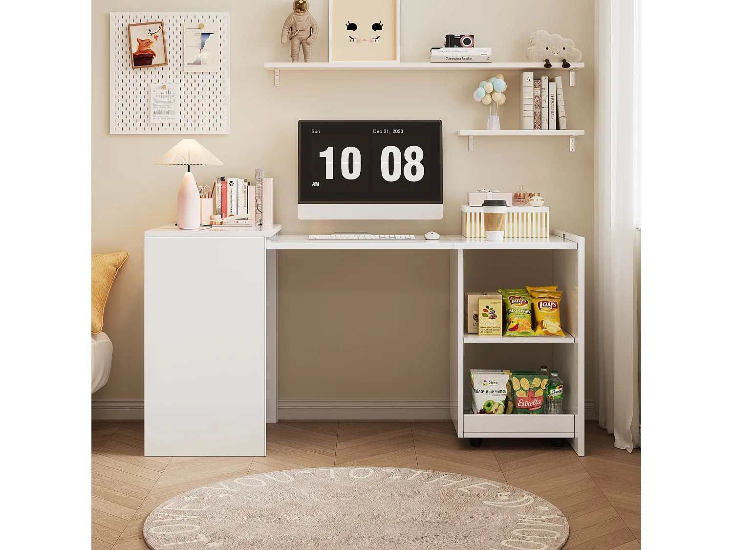 Bureau pliant mobile 126x55x72.5 cm - Bureau et rangement - 2 compartiments de rangement - Panneaux de particules - Blanc