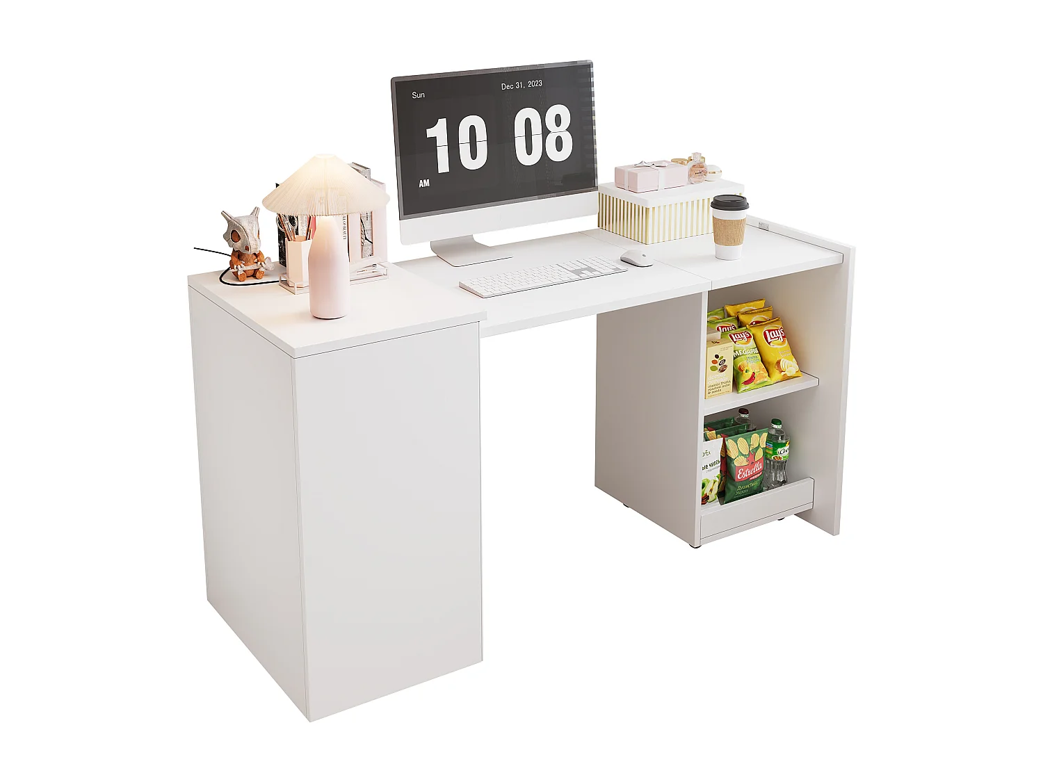 Bureau pliant mobile 126x55x72.5 cm - Bureau et rangement - 2 compartiments de rangement - Panneaux de particules - Blanc