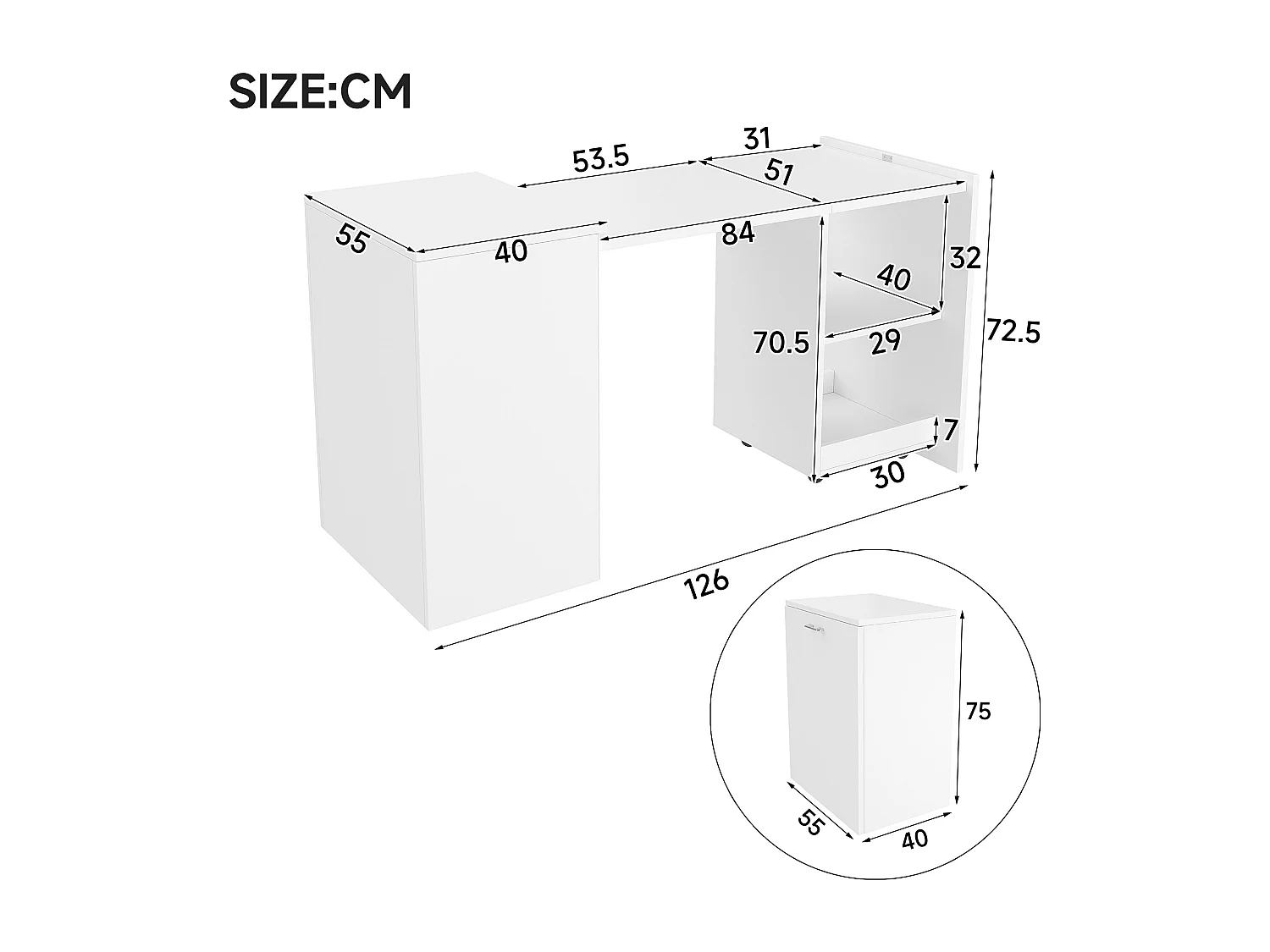 Bureau pliant mobile 126x55x72.5 cm - Bureau et rangement - 2 compartiments de rangement - Panneaux de particules - Blanc