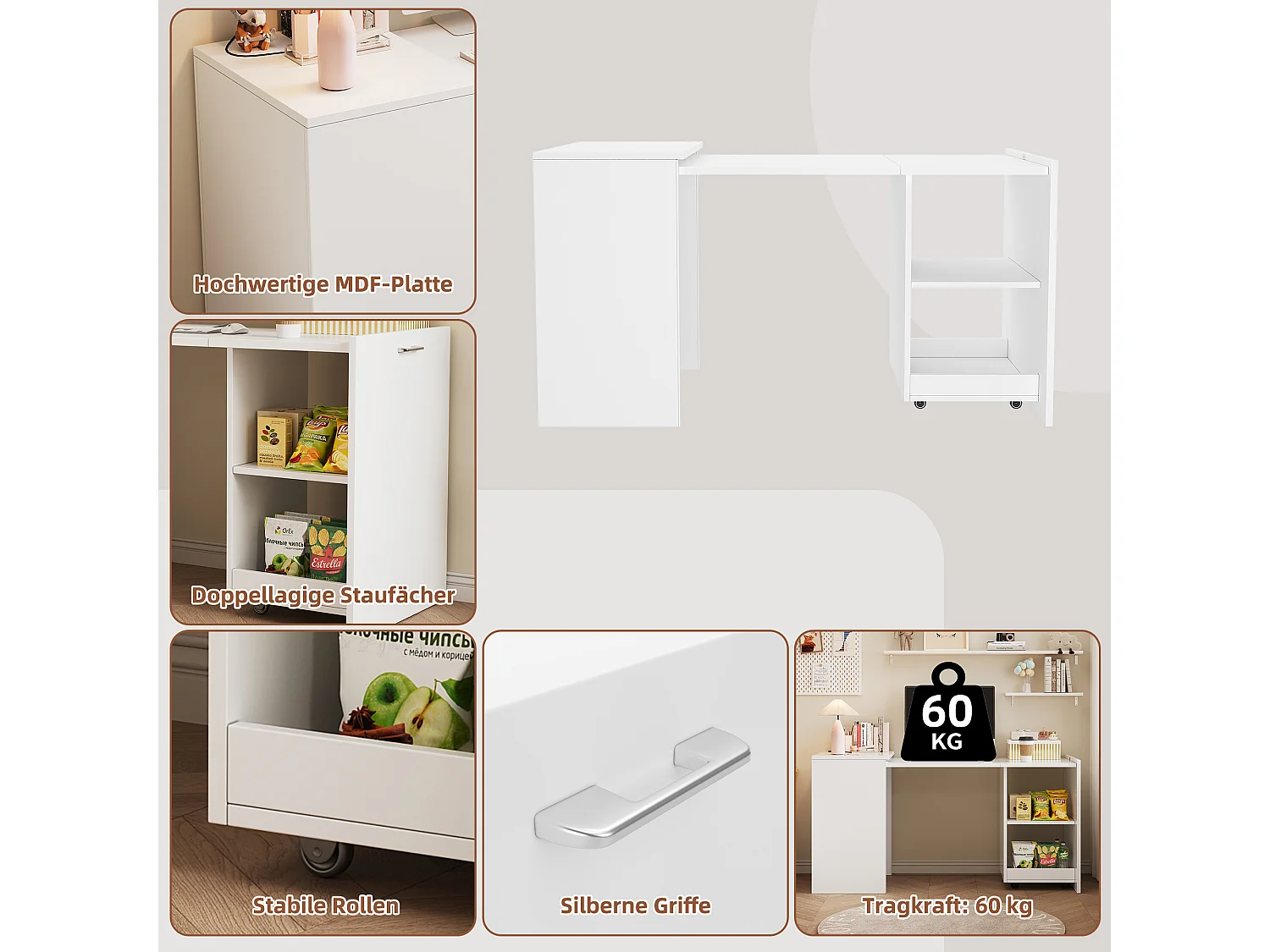 Bureau pliant mobile 126x55x72.5 cm - Bureau et rangement - 2 compartiments de rangement - Panneaux de particules - Blanc