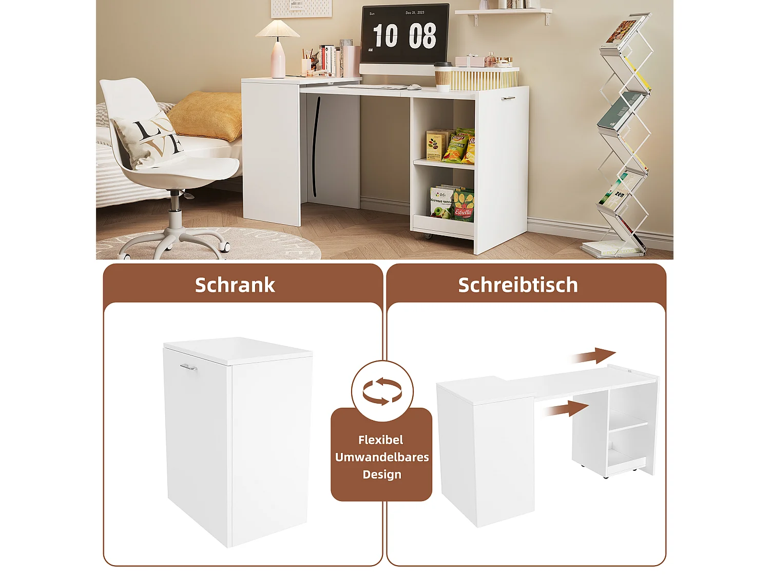 Bureau pliant mobile 126x55x72.5 cm - Bureau et rangement - 2 compartiments de rangement - Panneaux de particules - Blanc