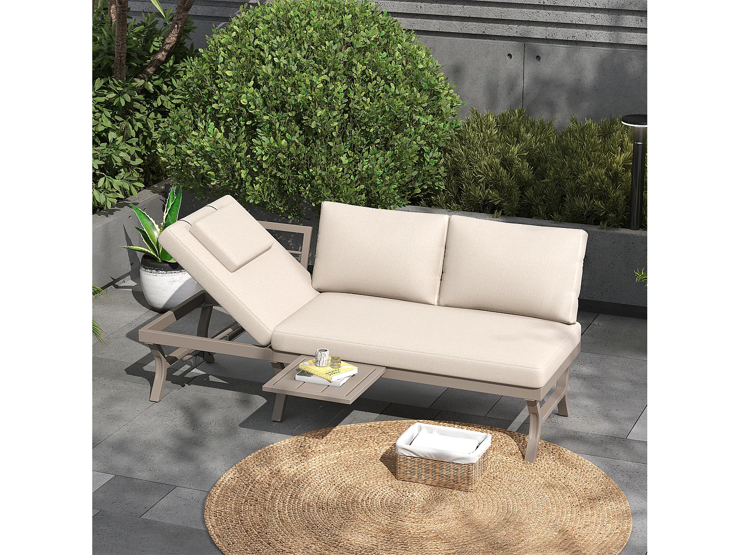 Salon de Jardin d'Angle en Acacia - Canapé avec Table Basse - Corde Tressée Artisanale - Coussins Déperlants - Beige