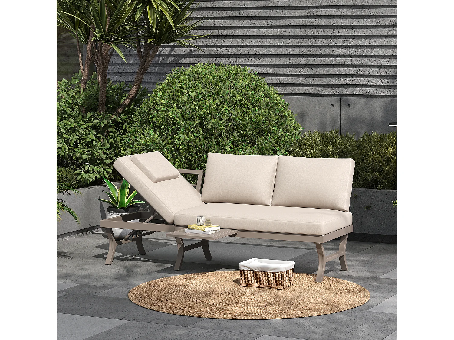 Salon de Jardin d'Angle en Acacia - Canapé avec Table Basse - Corde Tressée Artisanale - Coussins Déperlants - Beige