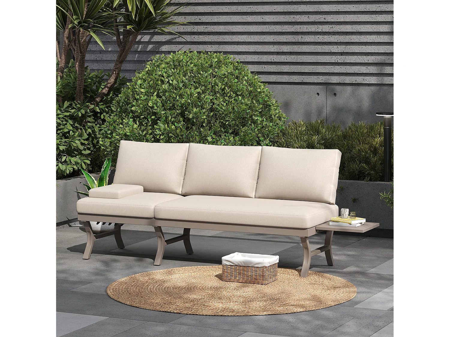 Salon de Jardin d'Angle en Acacia - Canapé avec Table Basse - Corde Tressée Artisanale - Coussins Déperlants - Beige