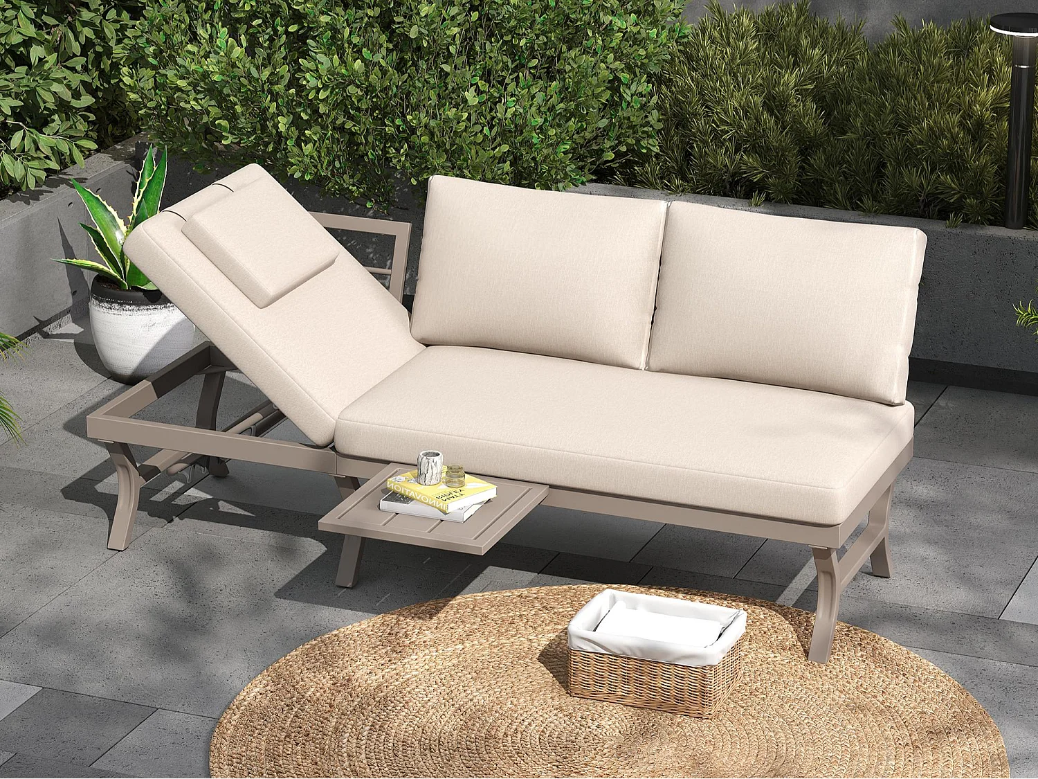 Salon de Jardin d'Angle en Acacia - Canapé avec Table Basse - Corde Tressée Artisanale - Coussins Déperlants - Beige