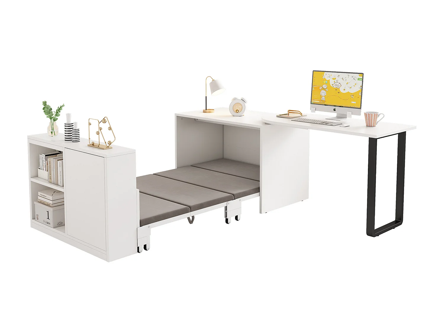 Bureau/lit pliant 2 en 1 - Structure et pieds en métal - Matelas de 4 cm d'épaisseur - 2 compartiments de rangement - Blanc