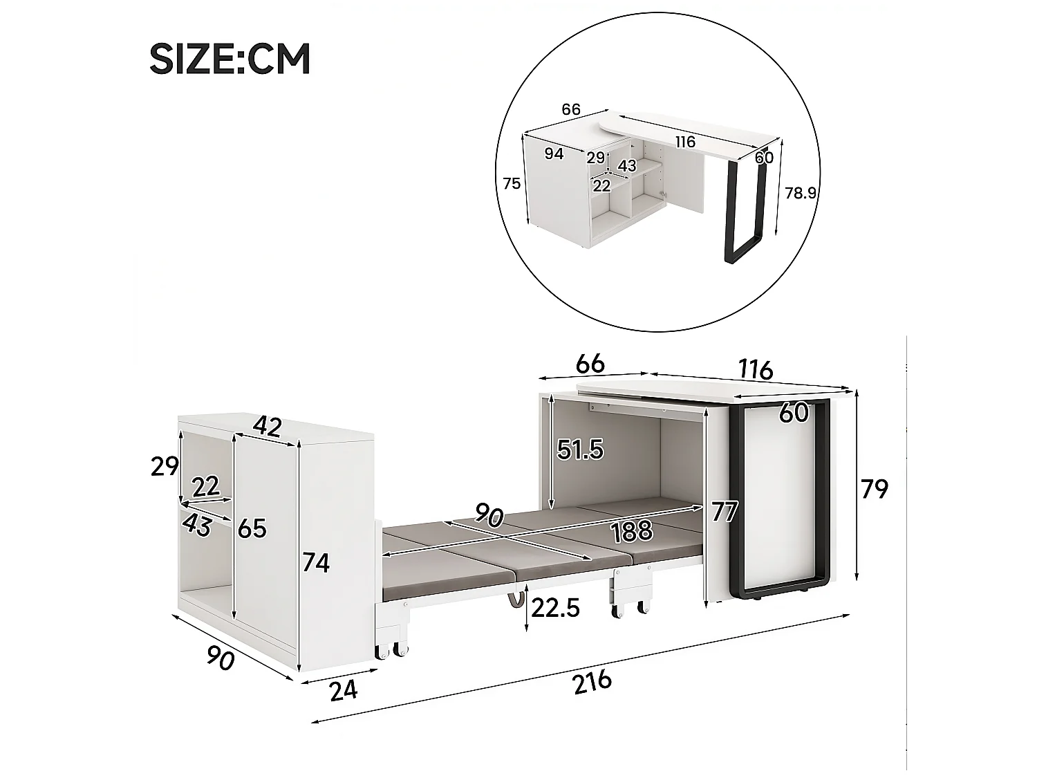 Bureau/lit pliant 2 en 1 - Structure et pieds en métal - Matelas de 4 cm d'épaisseur - 2 compartiments de rangement - Blanc