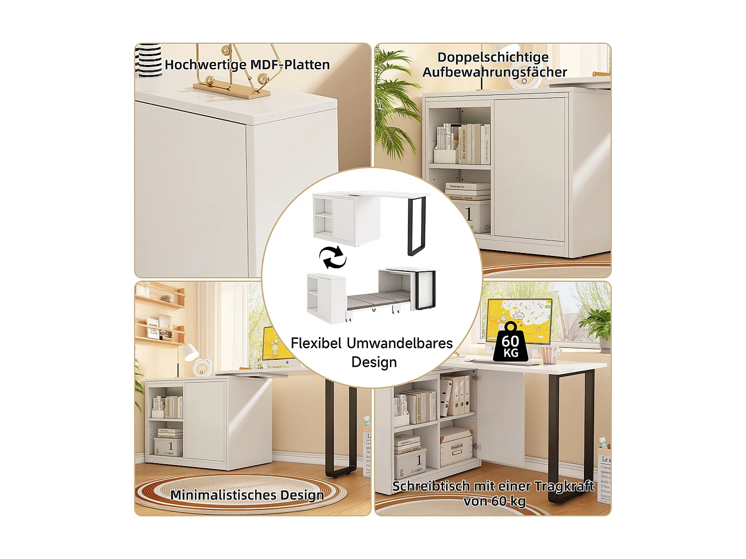 Bureau/lit pliant 2 en 1 - Structure et pieds en métal - Matelas de 4 cm d'épaisseur - 2 compartiments de rangement - Blanc