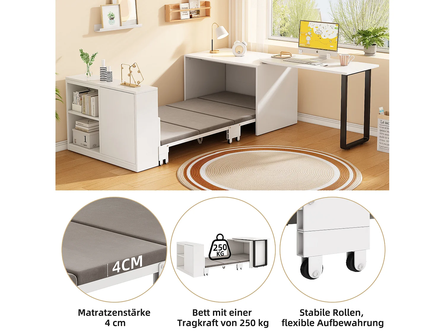 Bureau/lit pliant 2 en 1 - Structure et pieds en métal - Matelas de 4 cm d'épaisseur - 2 compartiments de rangement - Blanc