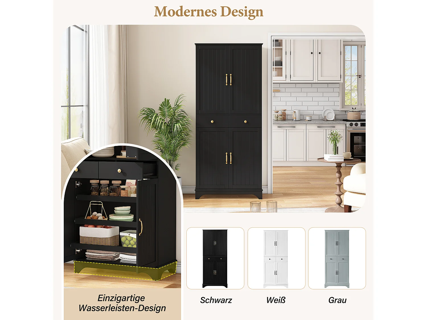 Buffet de cuisine moderne 77x40x181cm - étagère réglable - avec 2 tiroirs et 4 portes - Noir