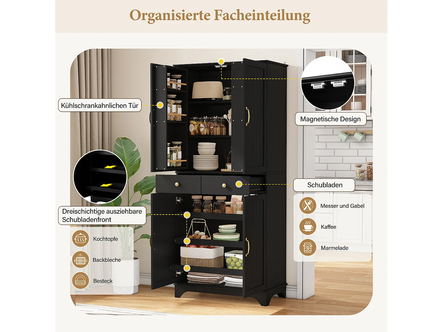 Buffet de cuisine moderne 77x40x181cm - étagère réglable - avec 2 tiroirs et 4 portes - Noir