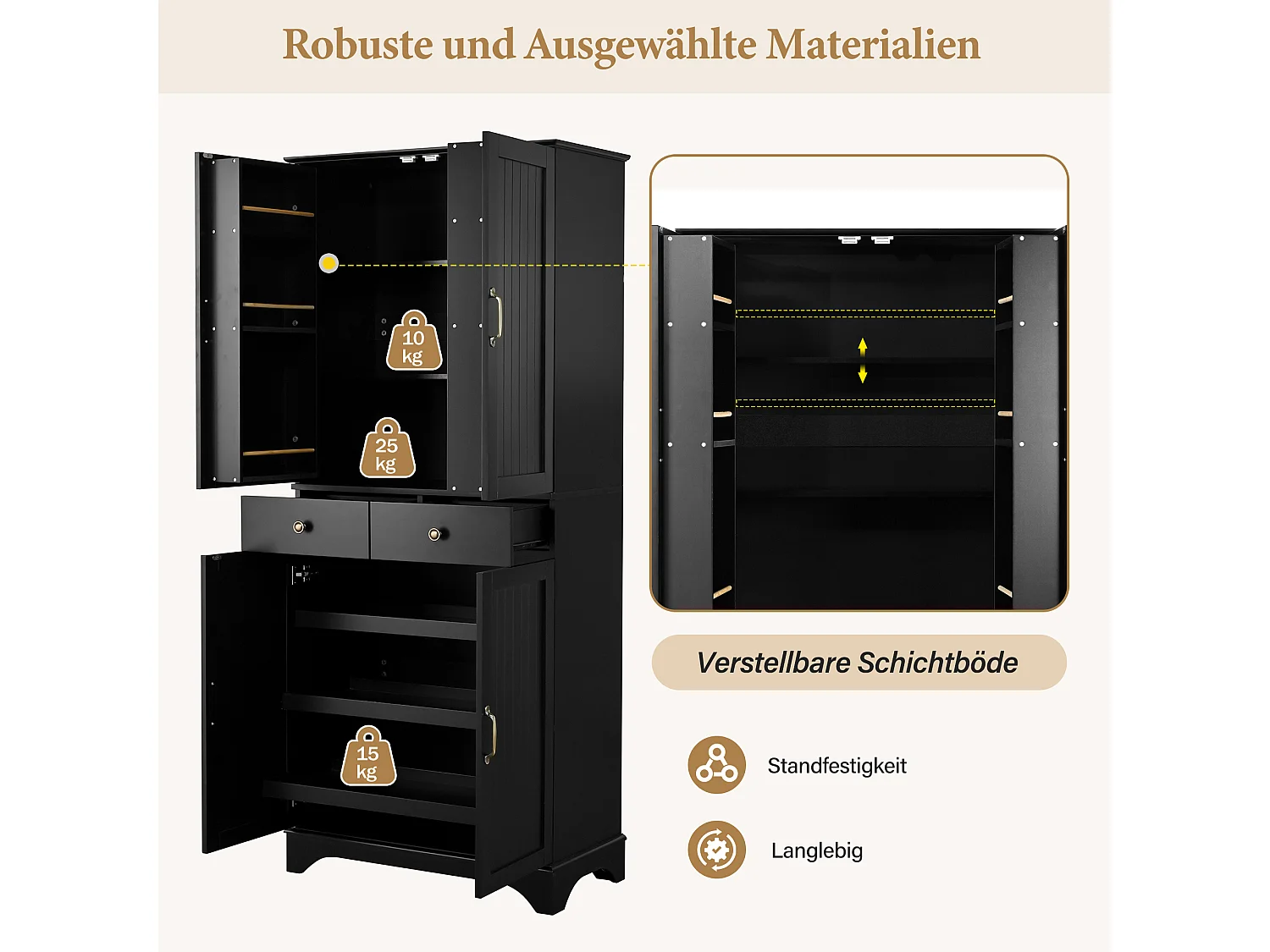 Buffet de cuisine moderne 77x40x181cm - étagère réglable - avec 2 tiroirs et 4 portes - Noir