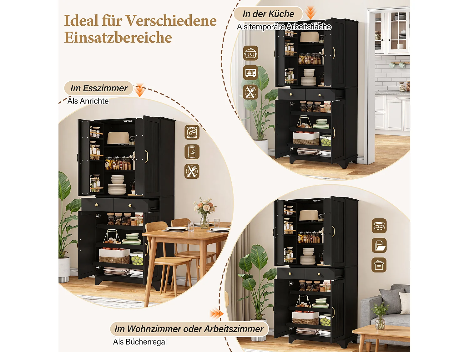 Buffet de cuisine moderne 77x40x181cm - étagère réglable - avec 2 tiroirs et 4 portes - Noir