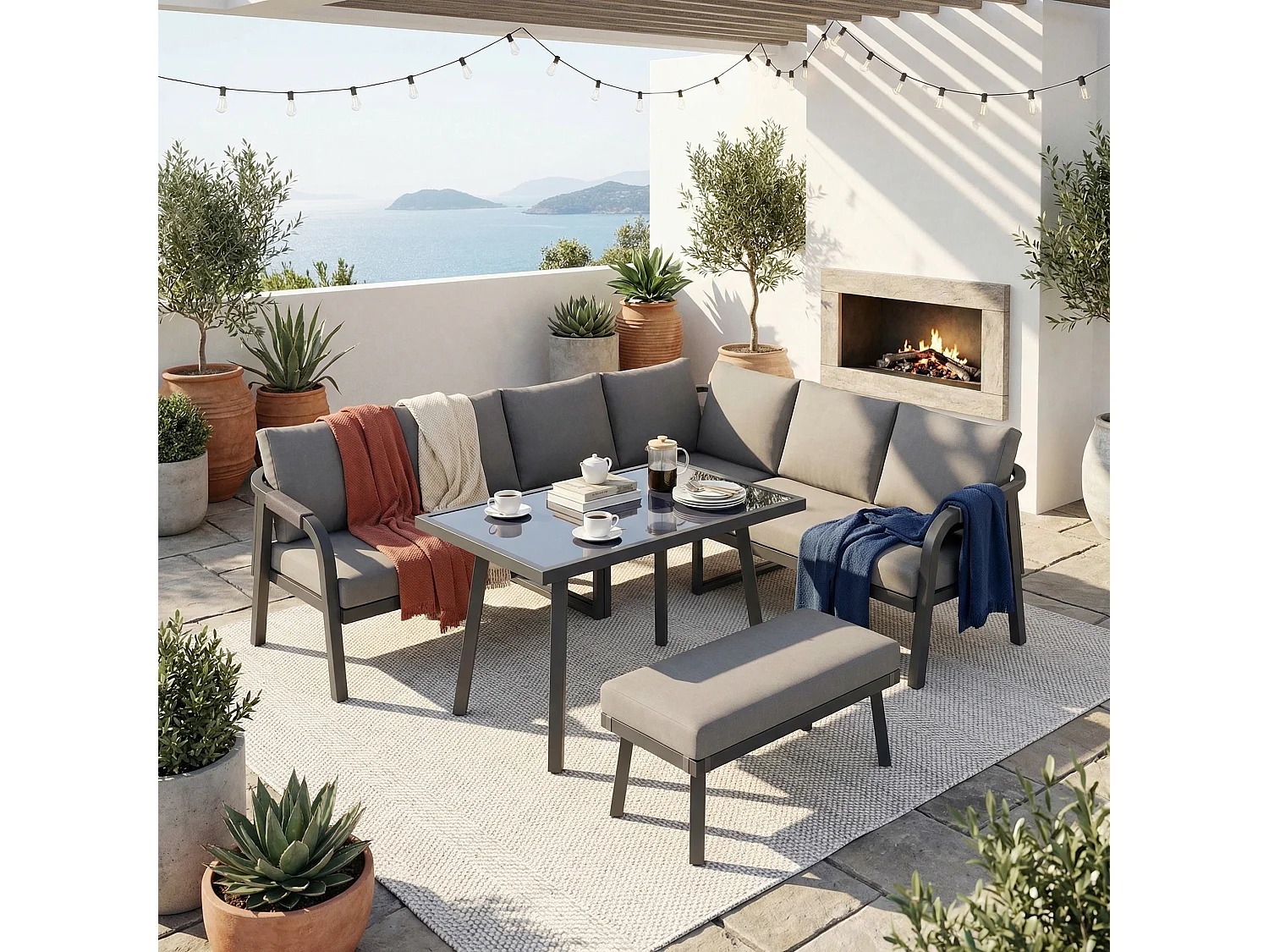 Salon Ogrodowy XL 8 Osób - Zestaw Jadalniany Narożny ze Stojącym Stołem i Ławką - Wykończenie z Plecionego Sznurka - Wytrzymała Stal Ocynkowana - Szary