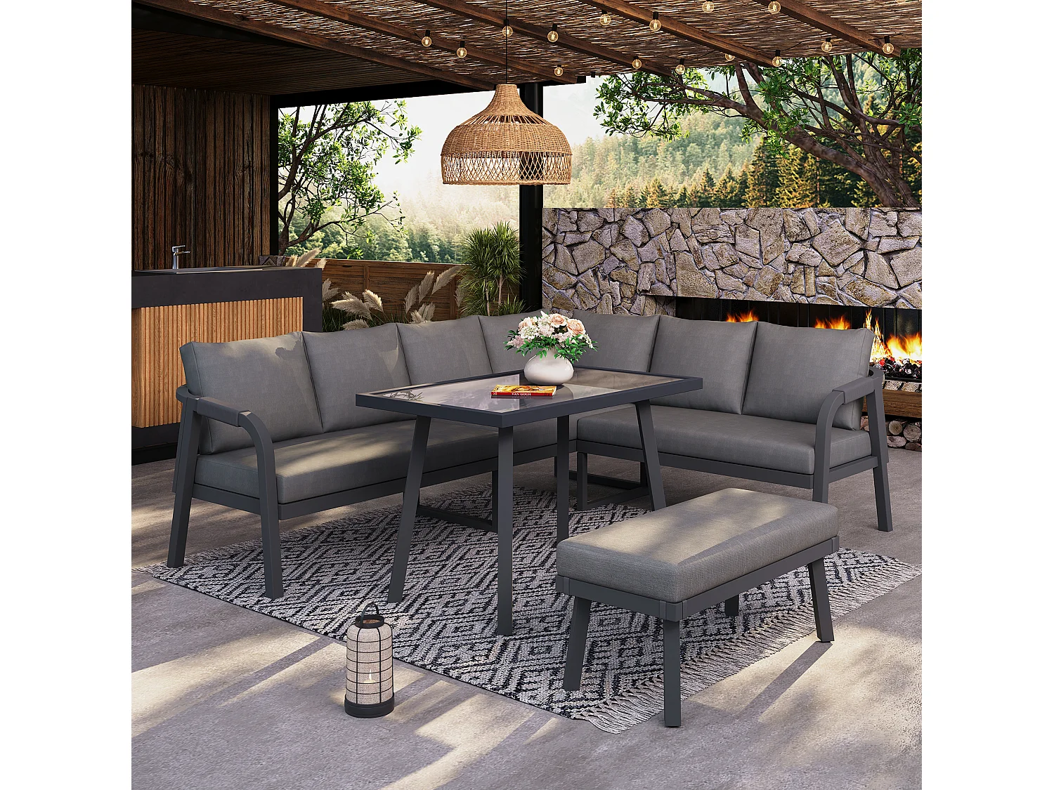 Salon Ogrodowy XL 8 Osób - Zestaw Jadalniany Narożny ze Stojącym Stołem i Ławką - Wykończenie z Plecionego Sznurka - Wytrzymała Stal Ocynkowana - Szary