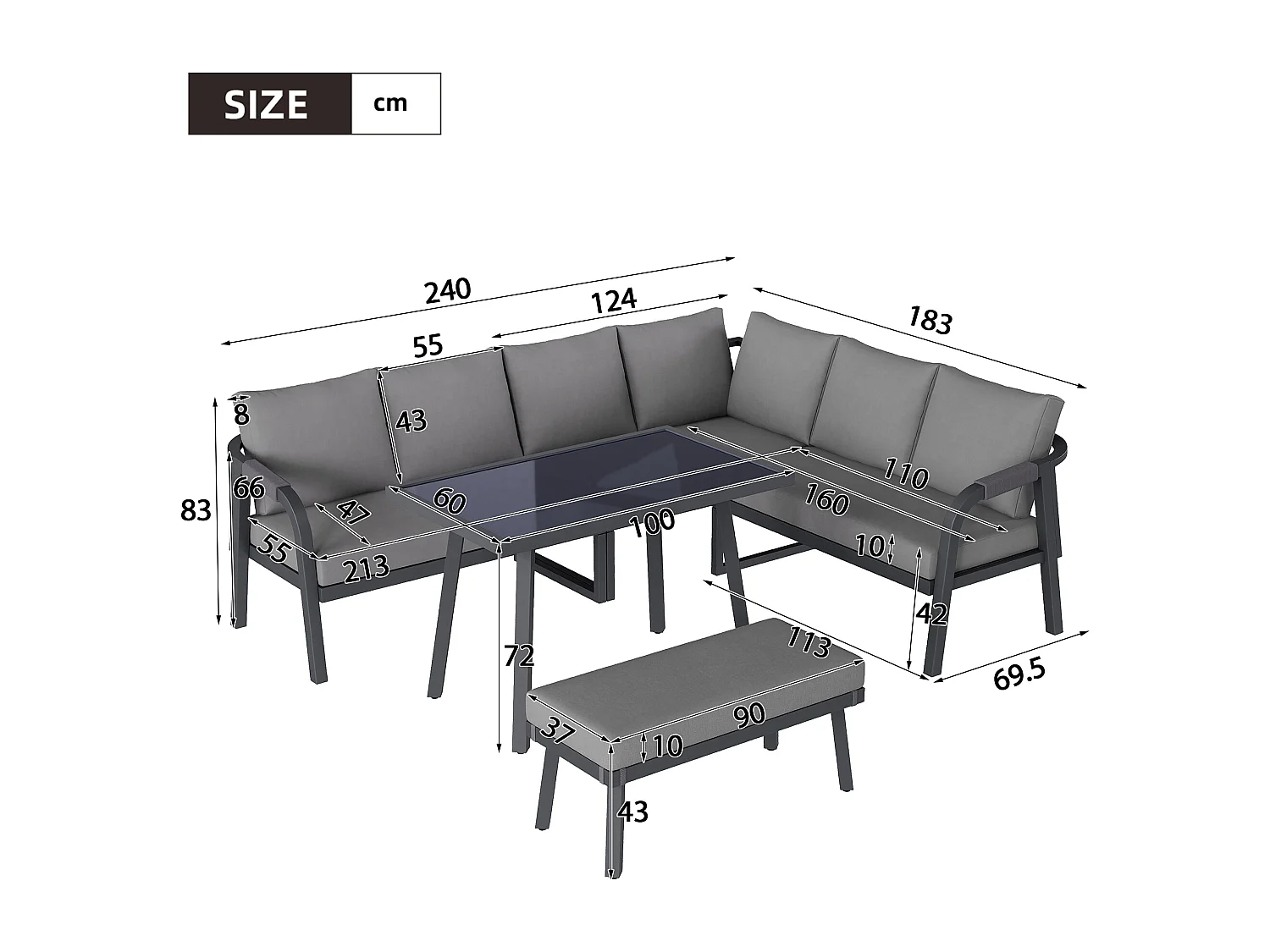 Salon Ogrodowy XL 8 Osób - Zestaw Jadalniany Narożny ze Stojącym Stołem i Ławką - Wykończenie z Plecionego Sznurka - Wytrzymała Stal Ocynkowana - Szary