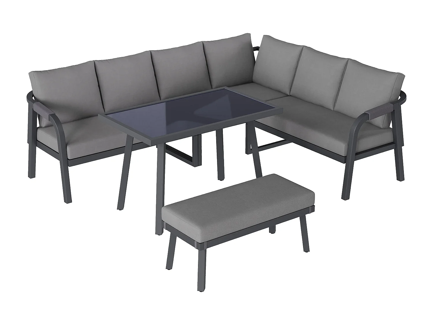 Salon Ogrodowy XL 8 Osób - Zestaw Jadalniany Narożny ze Stojącym Stołem i Ławką - Wykończenie z Plecionego Sznurka - Wytrzymała Stal Ocynkowana - Szary