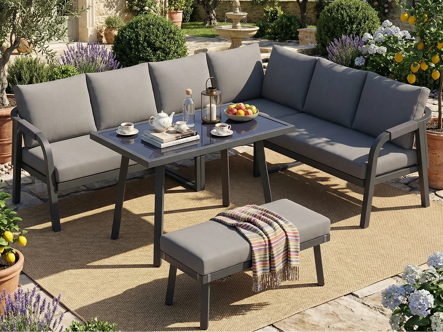 Salon Ogrodowy XL 8 Osób - Zestaw Jadalniany Narożny ze Stojącym Stołem i Ławką - Wykończenie z Plecionego Sznurka - Wytrzymała Stal Ocynkowana - Szary