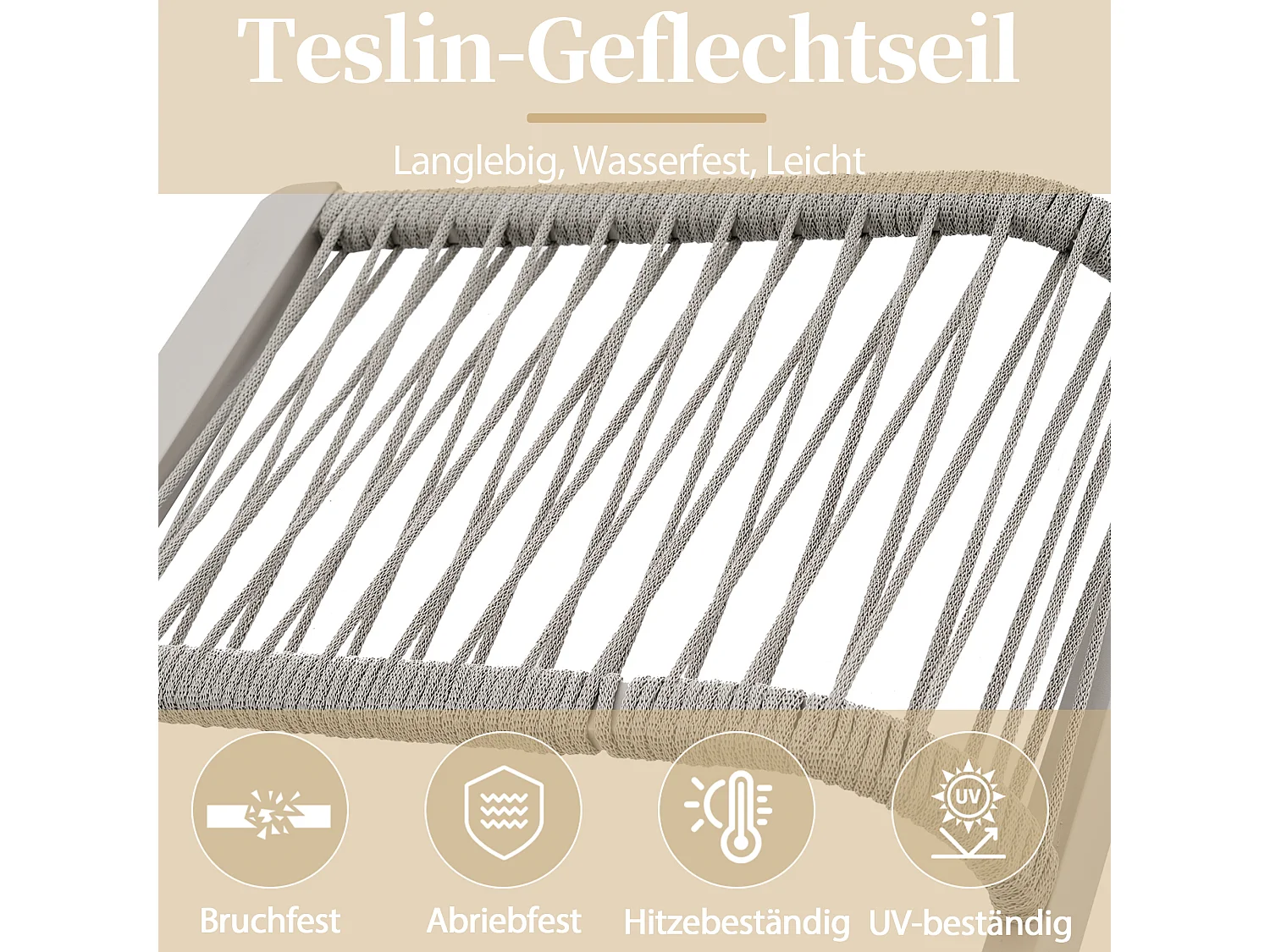 Salon de Jardin d'Angle 6 Places avec Table Basse en Verre - Accoudoirs en Corde Teslin Tressée - Structure Acier Galvanisé - Khaki