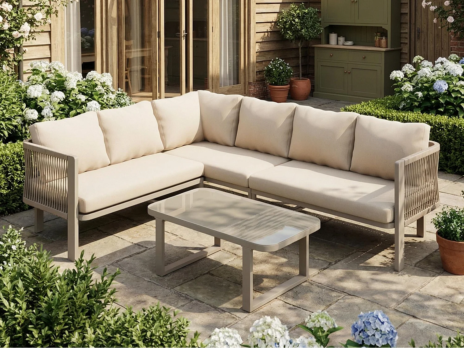 Salon de Jardin d'Angle 6 Places avec Table Basse en Verre - Accoudoirs en Corde Teslin Tressée - Structure Acier Galvanisé - Khaki