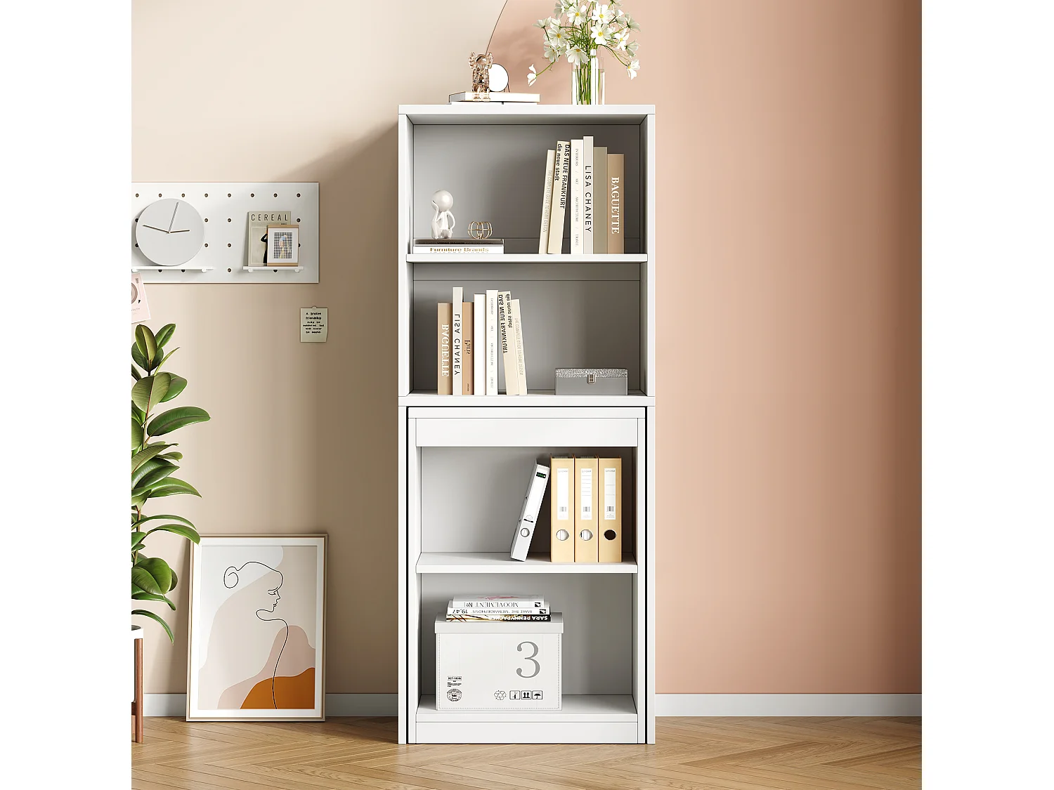 Bureau pliant 130x51x137 cm - Bureau et bibliothèque 2 en 1 robustes - 4 compartiments de rangement - Panneaux de particules - Blanc