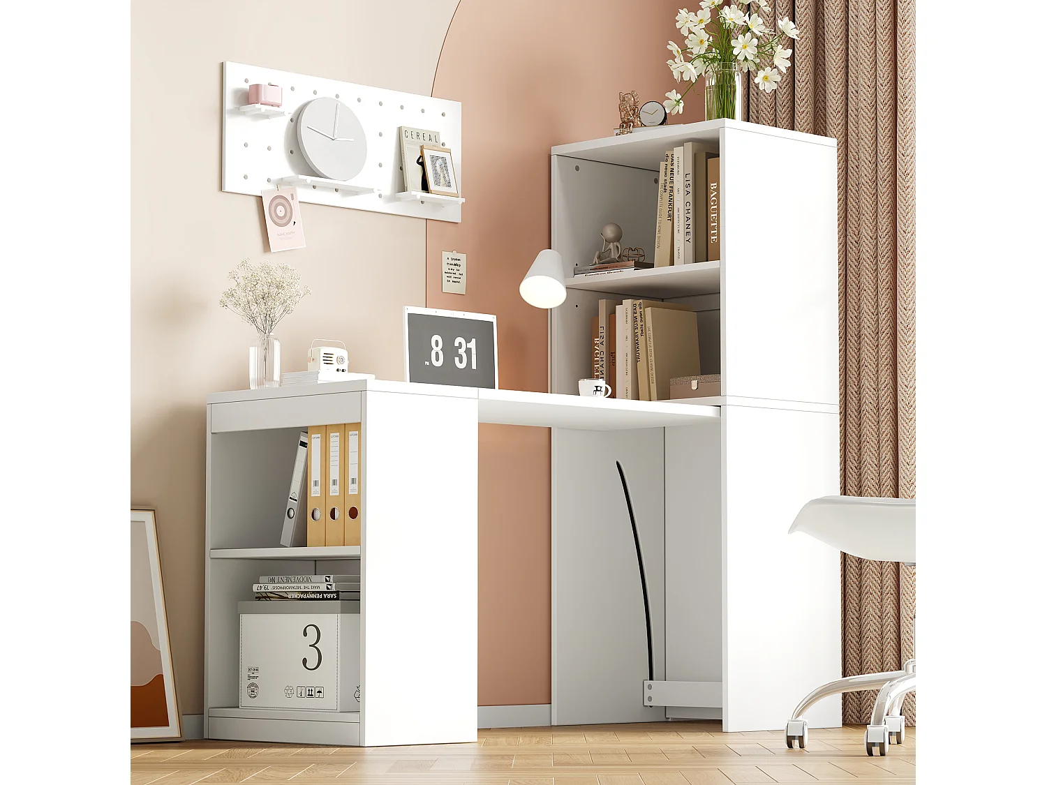 Bureau pliant 130x51x137 cm - Bureau et bibliothèque 2 en 1 robustes - 4 compartiments de rangement - Panneaux de particules - Blanc