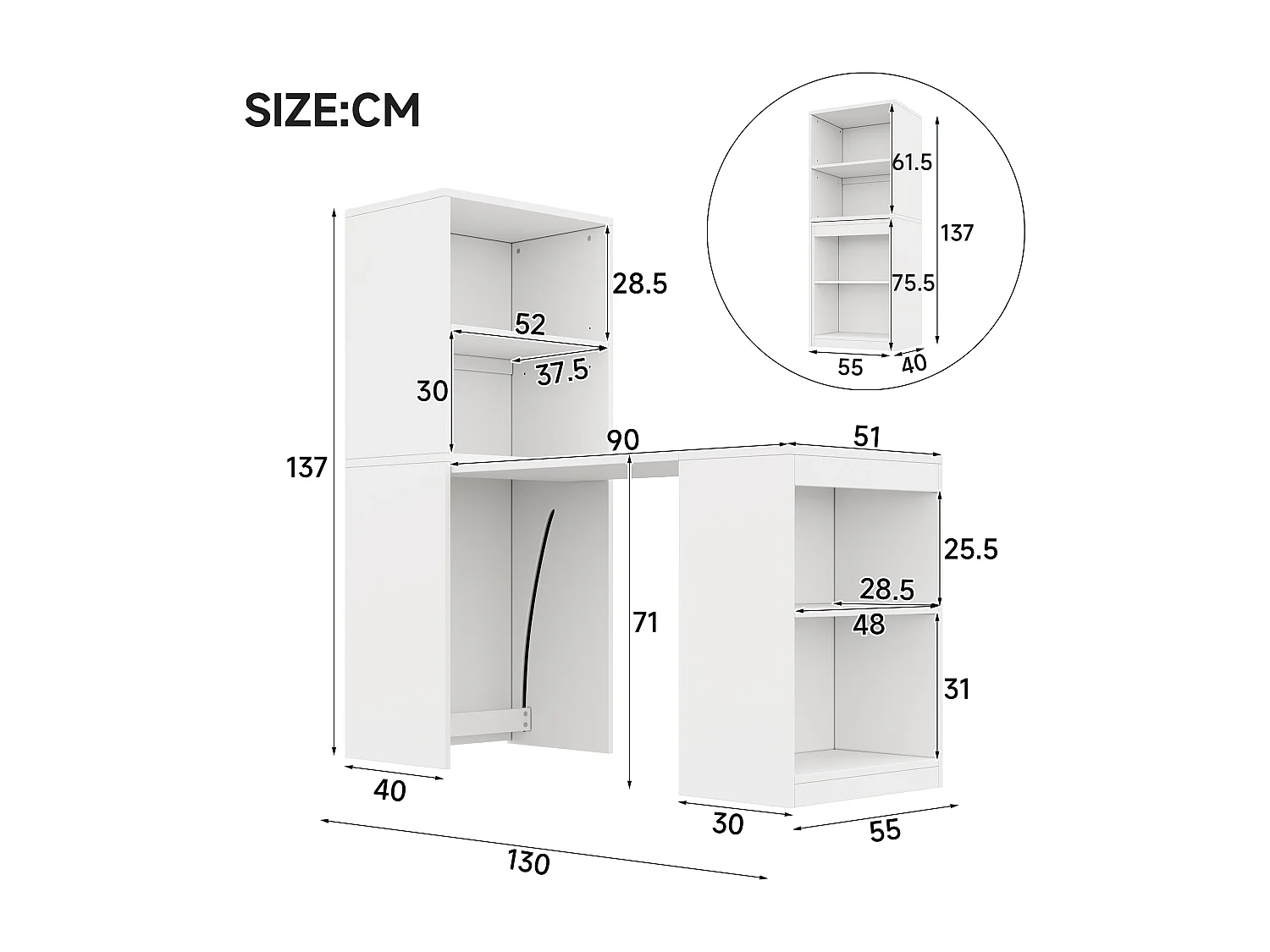 Bureau pliant 130x51x137 cm - Bureau et bibliothèque 2 en 1 robustes - 4 compartiments de rangement - Panneaux de particules - Blanc