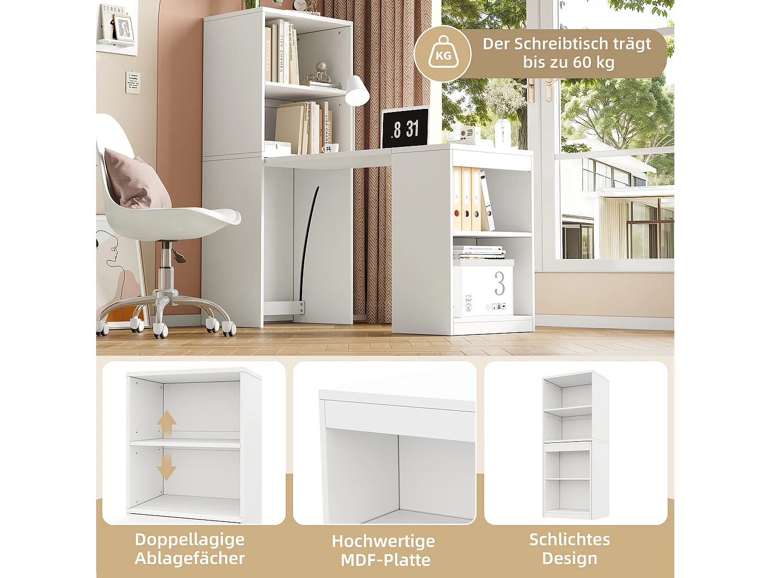 Bureau pliant 130x51x137 cm - Bureau et bibliothèque 2 en 1 robustes - 4 compartiments de rangement - Panneaux de particules - Blanc