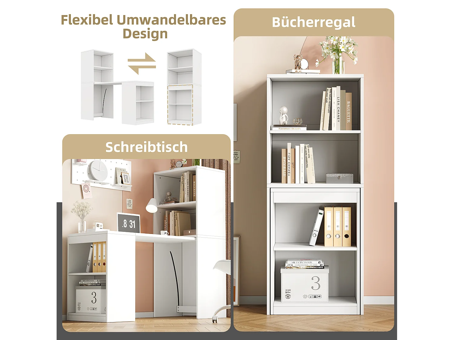 Bureau pliant 130x51x137 cm - Bureau et bibliothèque 2 en 1 robustes - 4 compartiments de rangement - Panneaux de particules - Blanc