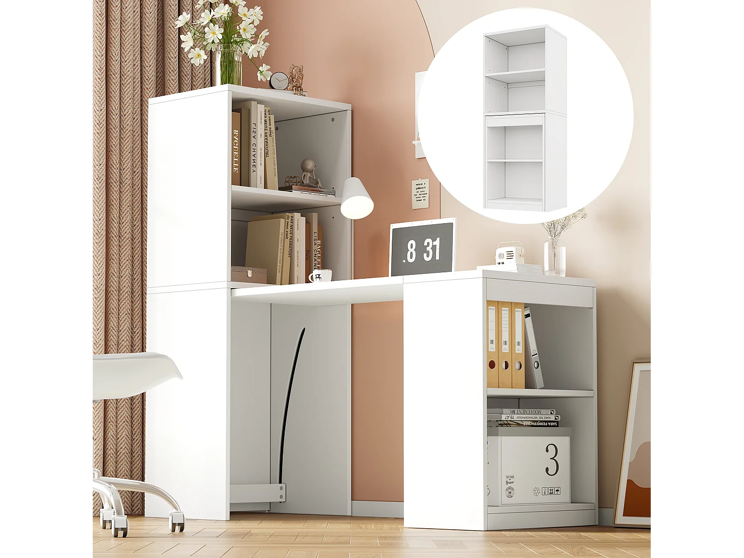 Bureau pliant 130x51x137 cm - Bureau et bibliothèque 2 en 1 robustes - 4 compartiments de rangement - Panneaux de particules - Blanc