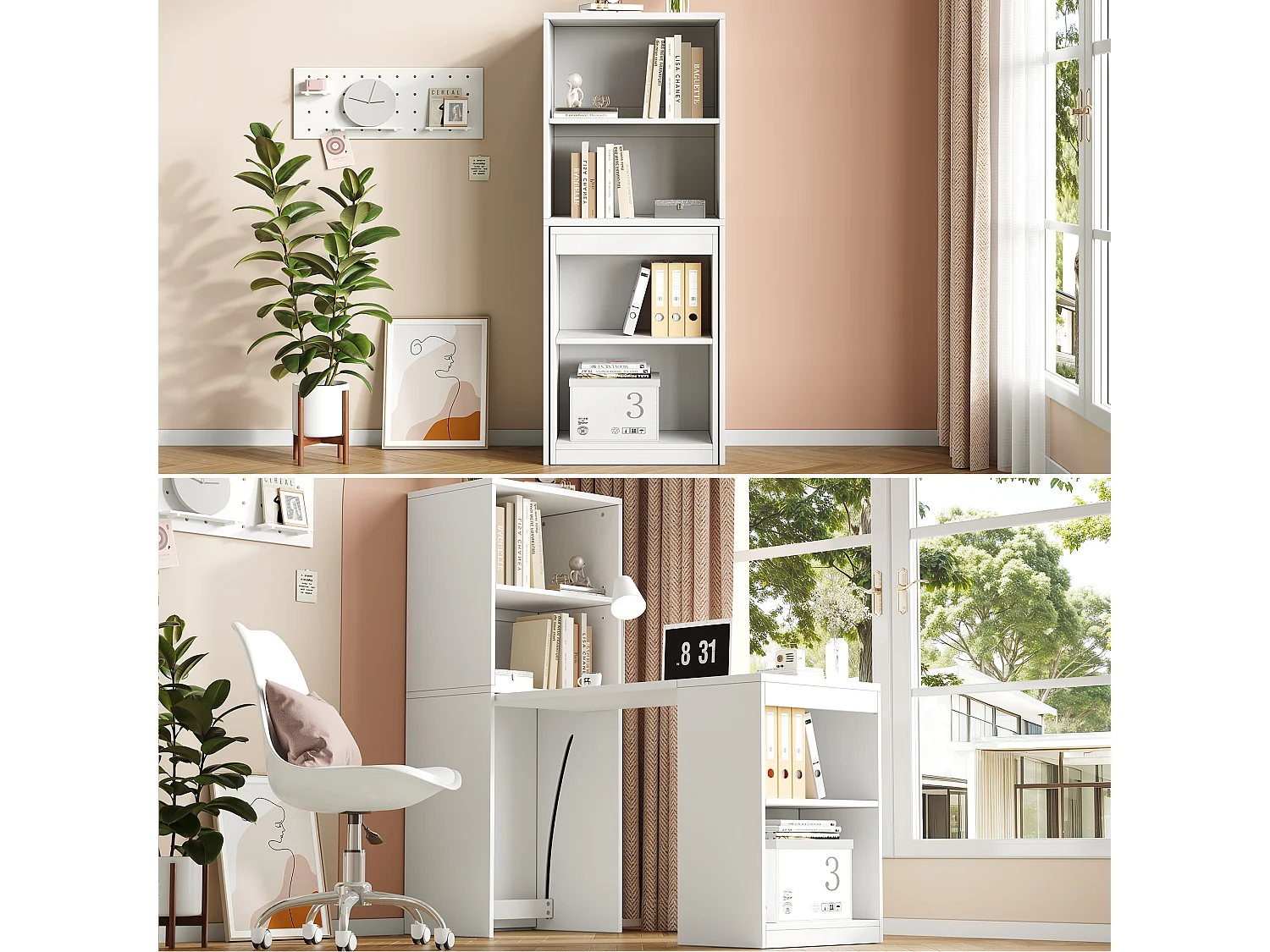 Bureau pliant 130x51x137 cm - Bureau et bibliothèque 2 en 1 robustes - 4 compartiments de rangement - Panneaux de particules - Blanc