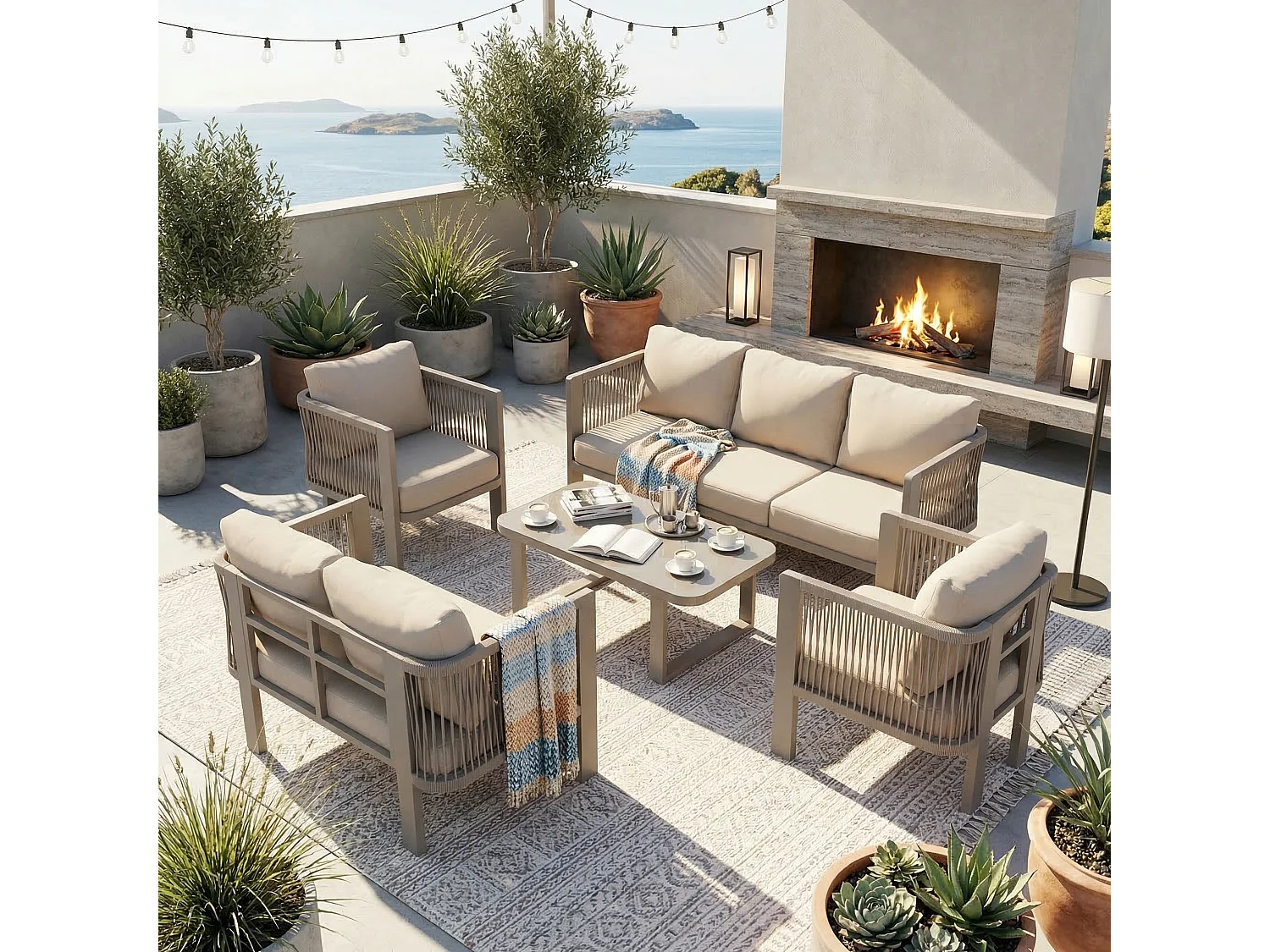 Salon de Jardin 7 Places avec Table Basse en Verre - Ensemble Canapés et Fauteuils en Corde Teslin Tressée - Acier Galvanisé - Khaki