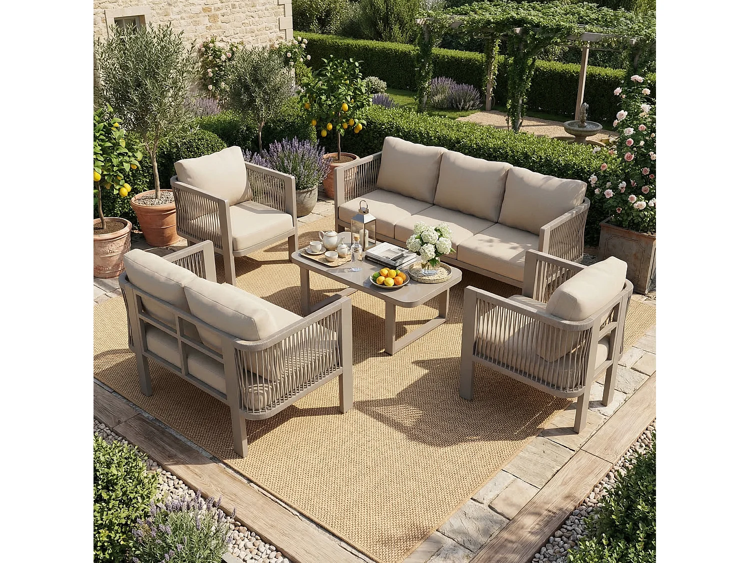 Salon de Jardin 7 Places avec Table Basse en Verre - Ensemble Canapés et Fauteuils en Corde Teslin Tressée - Acier Galvanisé - Khaki