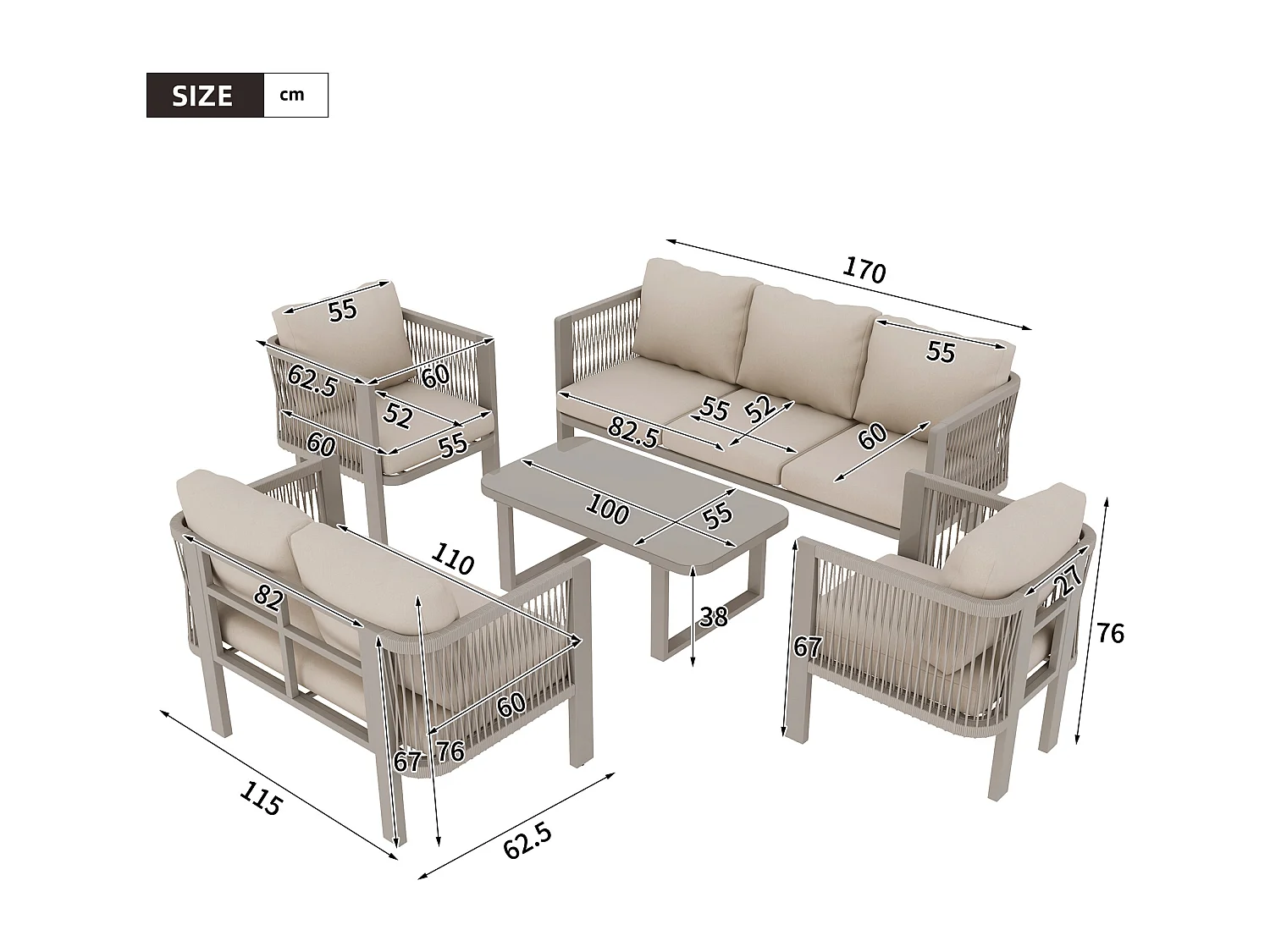 Salon de Jardin 7 Places avec Table Basse en Verre - Ensemble Canapés et Fauteuils en Corde Teslin Tressée - Acier Galvanisé - Khaki