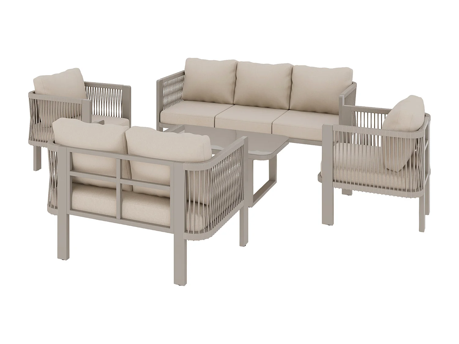 Salon de Jardin 7 Places avec Table Basse en Verre - Ensemble Canapés et Fauteuils en Corde Teslin Tressée - Acier Galvanisé - Khaki