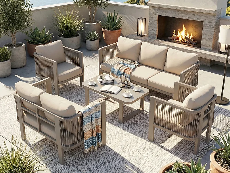 Tuinsalon 7 Personen met Glazen Salontafel - Set van Banken en Fauteuils van Gevlochten Teslin Koord - Gegalvaniseerd Staal - Kaki