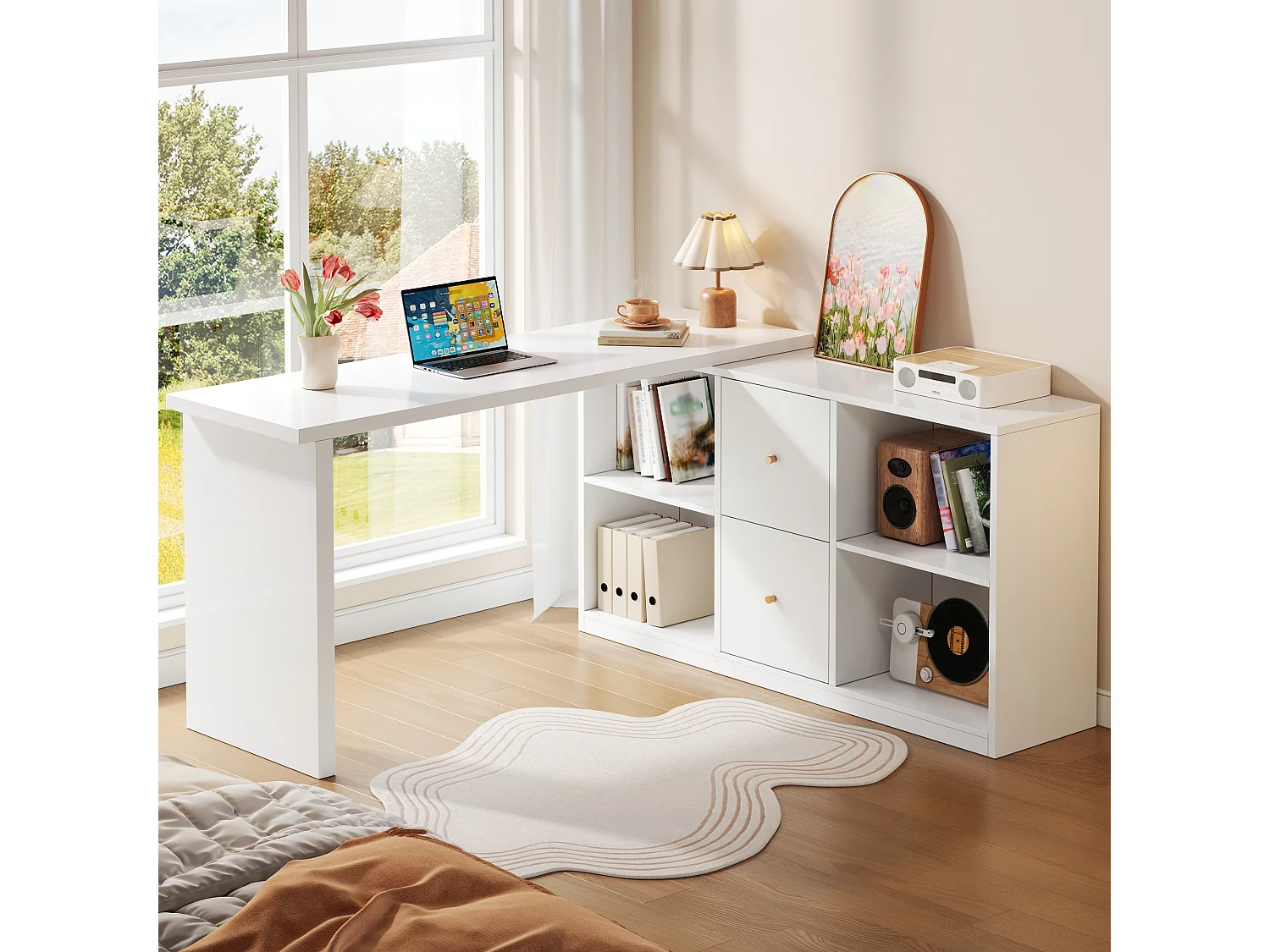 Bureau d'angle en forme de L - Réglable à gauche et à droite - 2 tiroirs et compartiments de rangement ouverts - MDF - Blanc