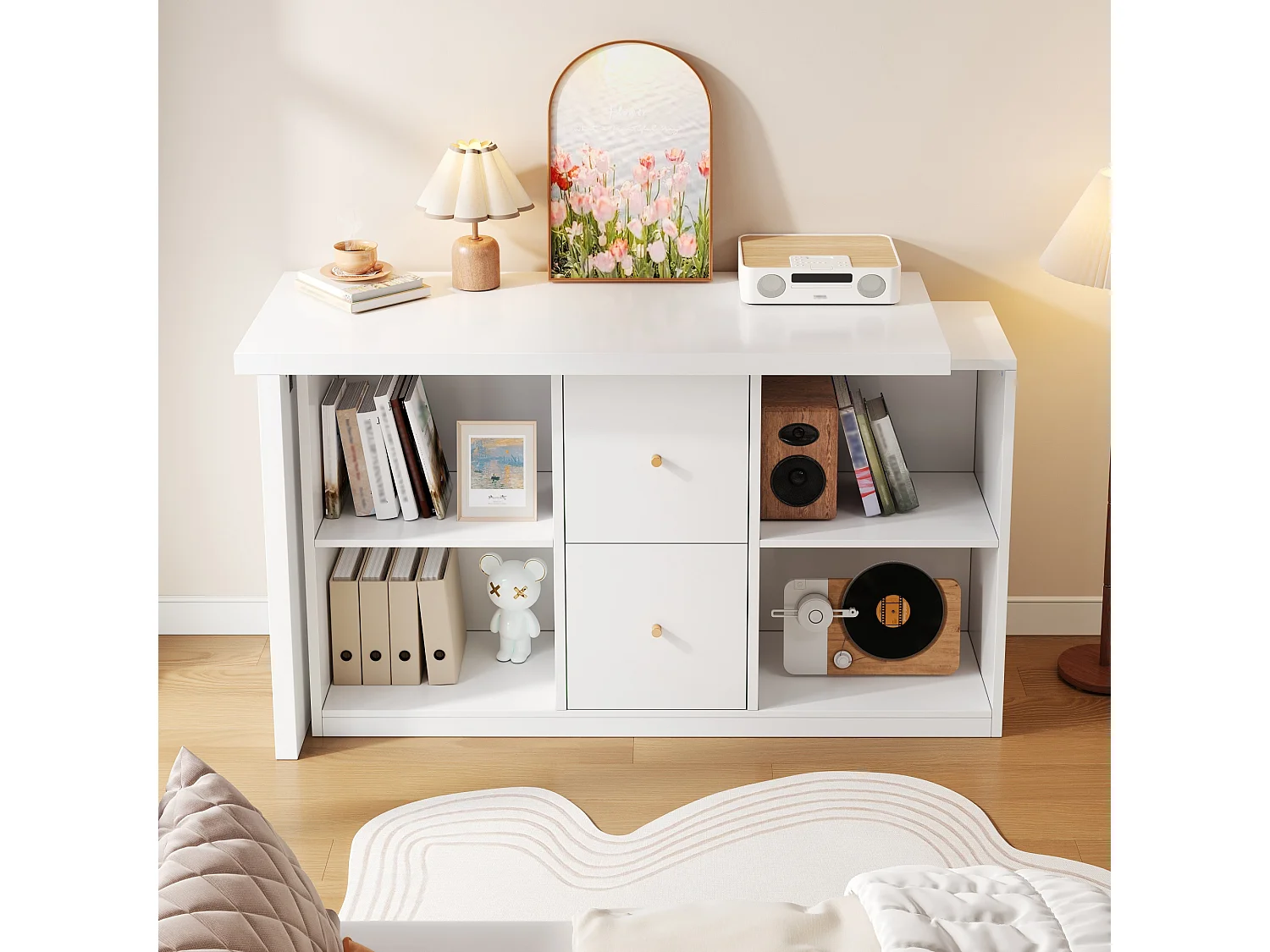 Bureau d'angle en forme de L - Réglable à gauche et à droite - 2 tiroirs et compartiments de rangement ouverts - MDF - Blanc