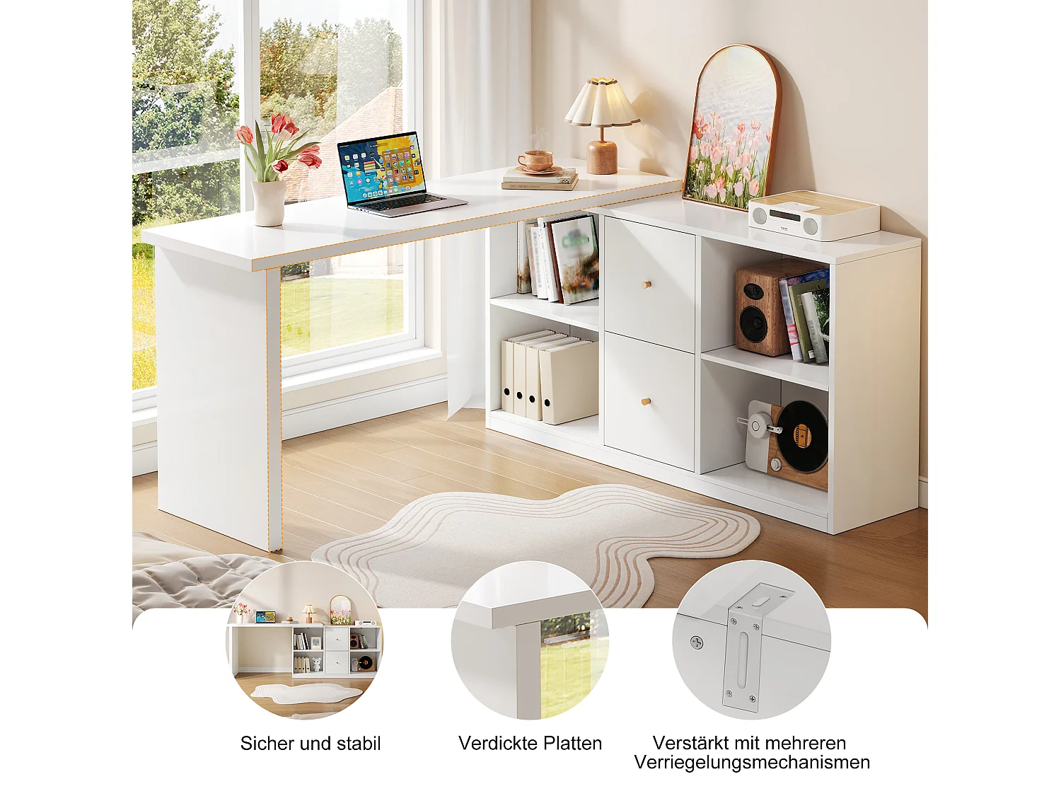 Bureau d'angle en forme de L - Réglable à gauche et à droite - 2 tiroirs et compartiments de rangement ouverts - MDF - Blanc