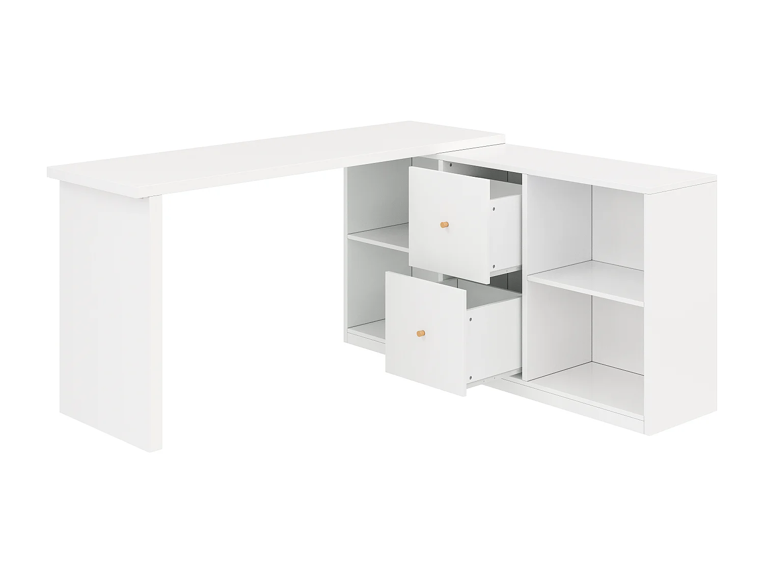 Bureau d'angle en forme de L - Réglable à gauche et à droite - 2 tiroirs et compartiments de rangement ouverts - MDF - Blanc