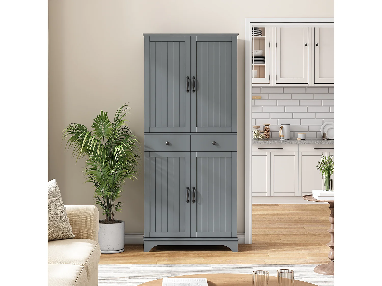 Buffet de cuisine moderne 77x40x181cm - étagère réglable - avec 2 tiroirs et 4 portes - Gris