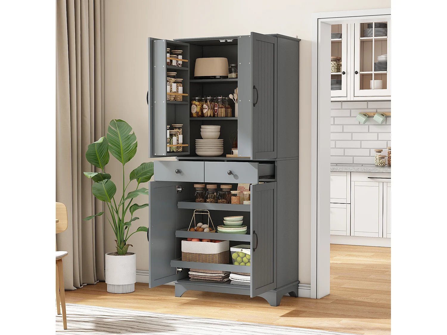 Buffet de cuisine moderne 77x40x181cm - étagère réglable - avec 2 tiroirs et 4 portes - Gris