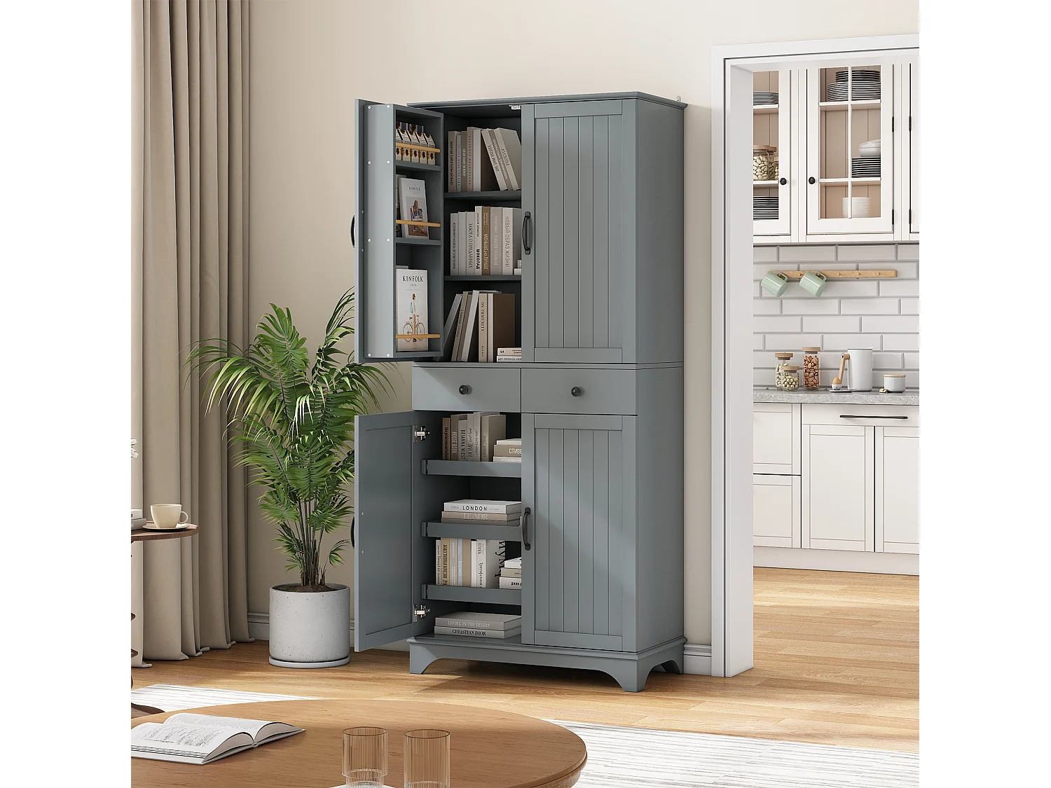 Buffet de cuisine moderne 77x40x181cm - étagère réglable - avec 2 tiroirs et 4 portes - Gris