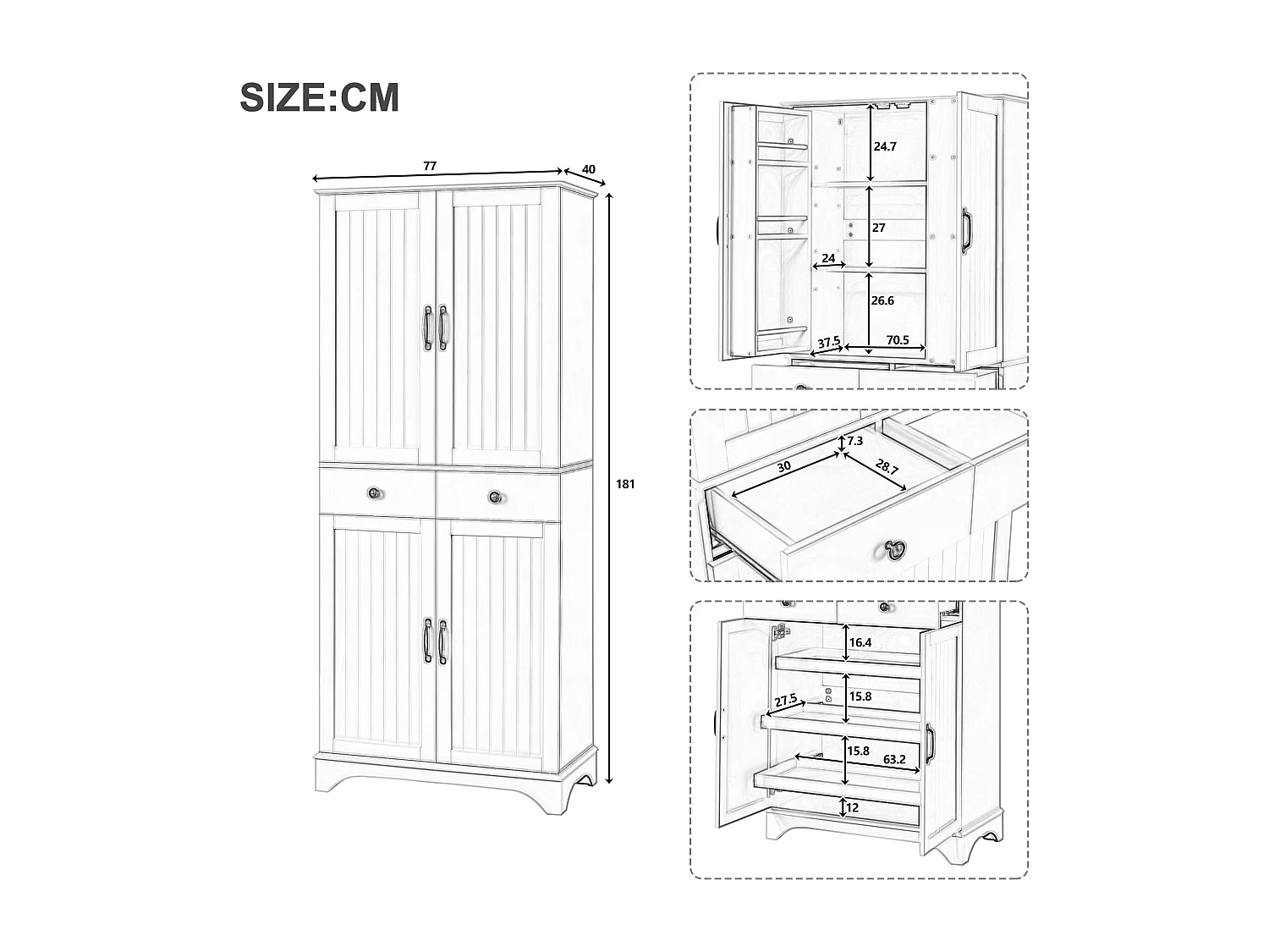 Buffet de cuisine moderne 77x40x181cm - étagère réglable - avec 2 tiroirs et 4 portes - Gris